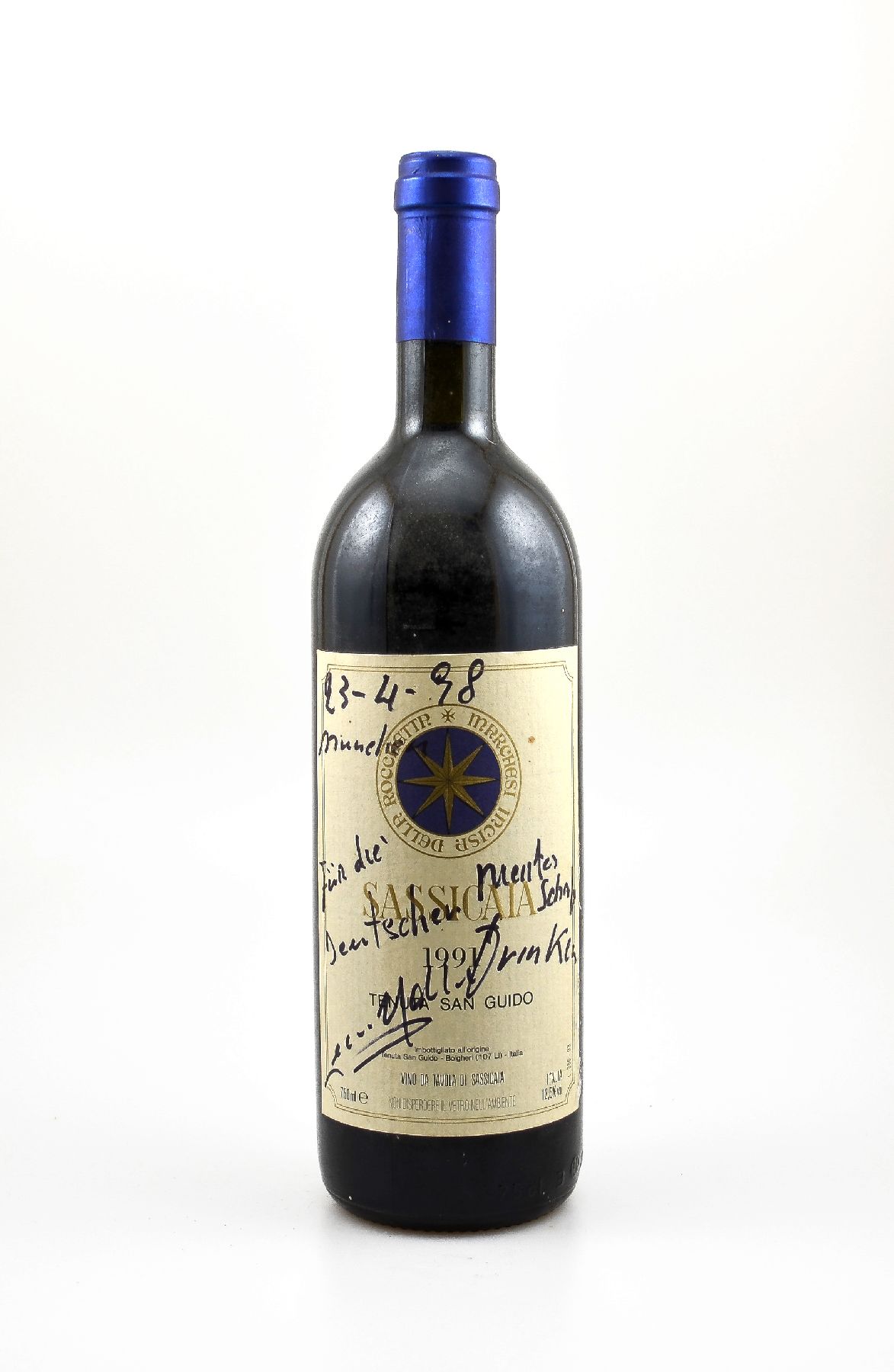 1 Flasche 1991 Tenuta San Guido Sassicaia, Bolgheri, Toscana, ca. 75 cl, 12,5 % Vol., Füllstand: ca. into neck, guter Erhaltungszustand, ...