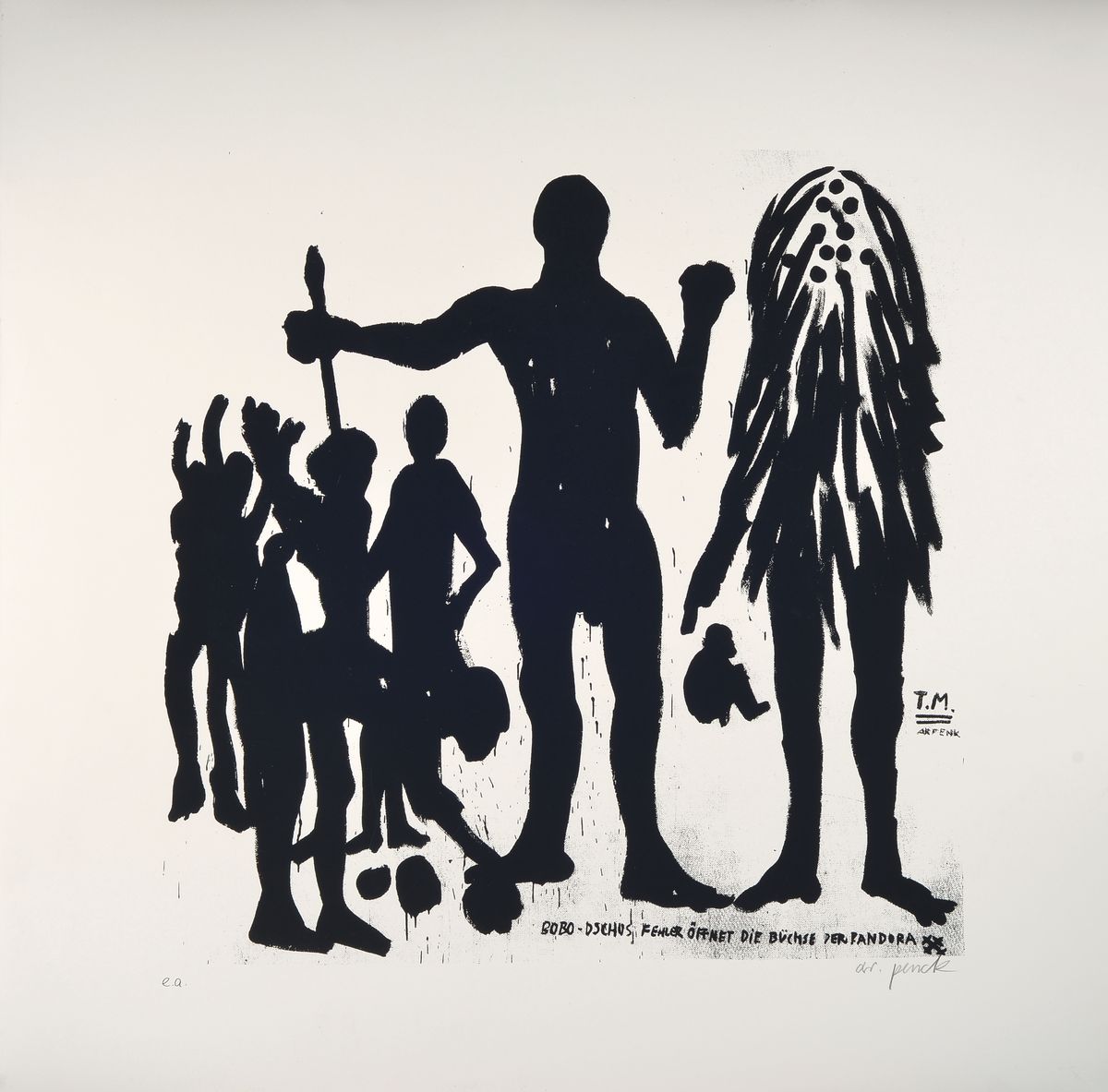 A.R. Penck, 1939-2017, Bobo Fehler öffnet die Büchse der Pandora, Lithografie, e.a., rechts unten sign., ca. 55x55 cm