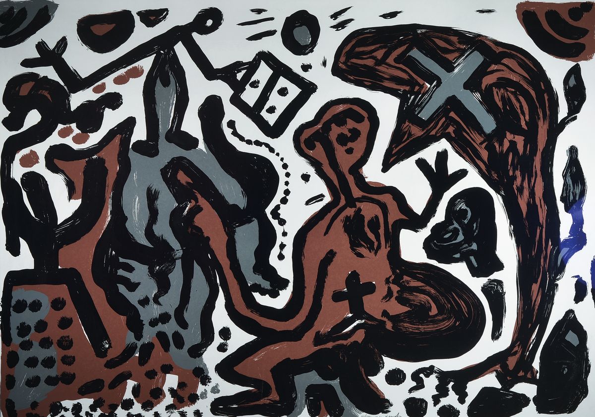 A.R. Penck, geb. 1939 Dresden- 2017 Zürich, Titel: Deutschland Hoffnung, Farbserigraphie, sign., num. 14/55, ca. 105x139 cm