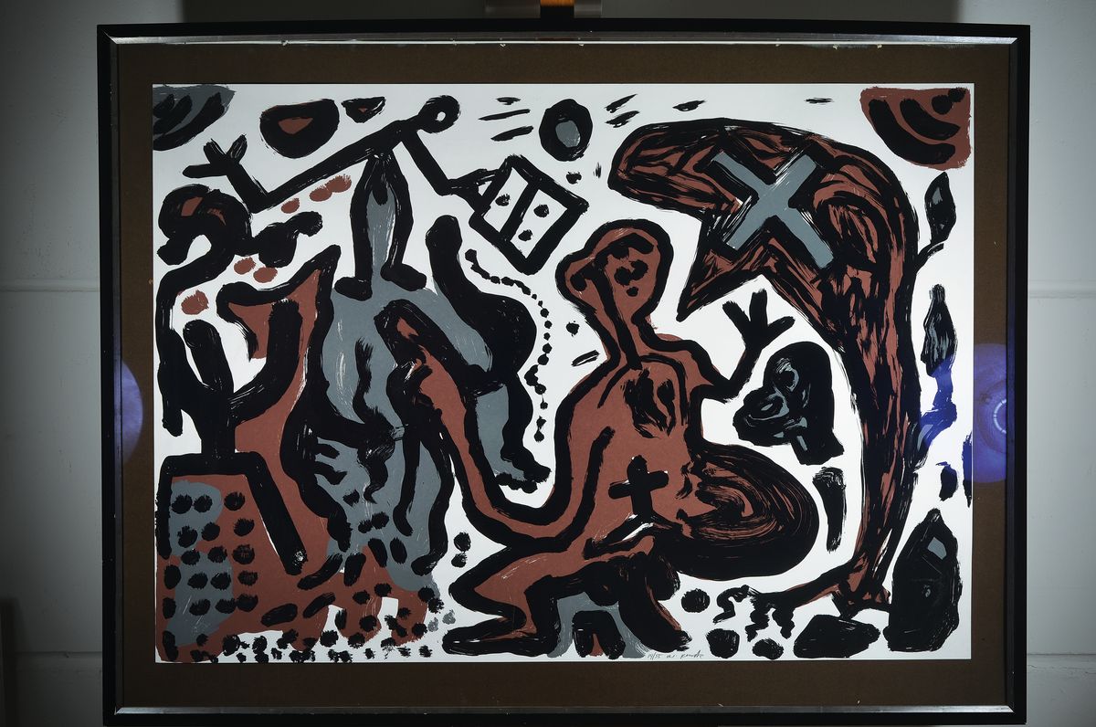 Detail k: A.R. Penck, geb. 1939 Dresden- 2017 Zürich, Titel: Deutschland Hoffnung, Farbserigraphie, sign., num. 14/55, ca. 105x139 cm