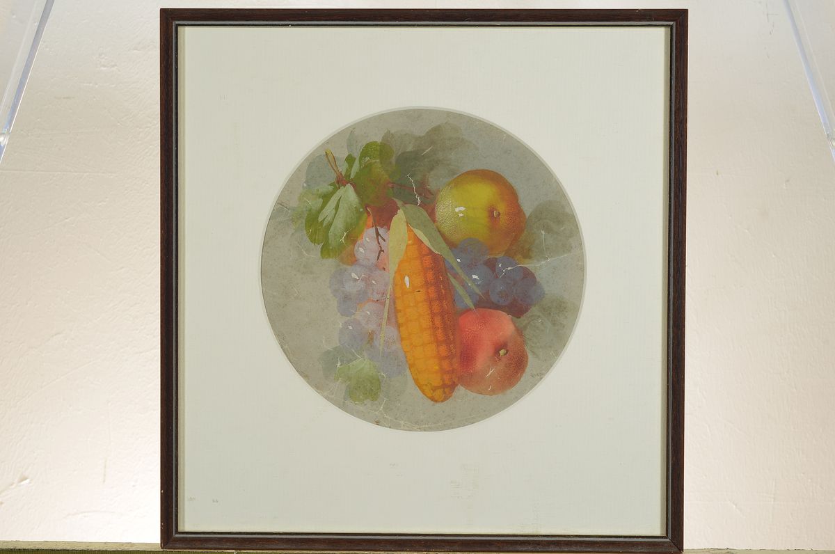 Zuschreibung: Georg Baumann, 1861-1895, 3 Mischtechniken, Früchte und Blumenstillleben, Einzeln gerahmt, Bildausschnitt Durchmesser ca. 15cm, bzw. ...