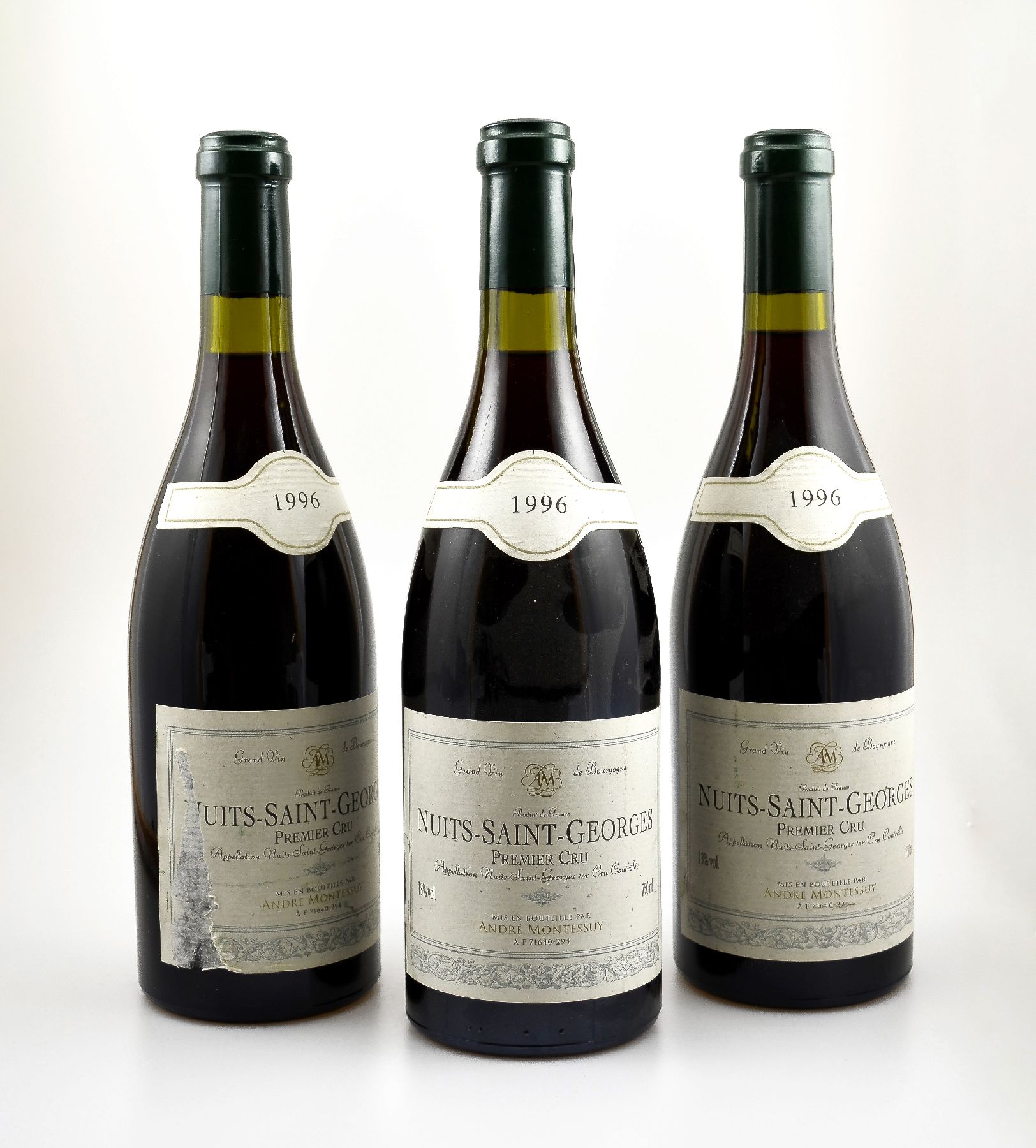 3 Flaschen 1996 Nuits-Saint-Georges, Premier Cru, Andre Montessuy, je ca. 75 cl, 13 % Vol., Abstände zwischen Kapsel und Wein: ca. 1,5 - 2 cm, ...