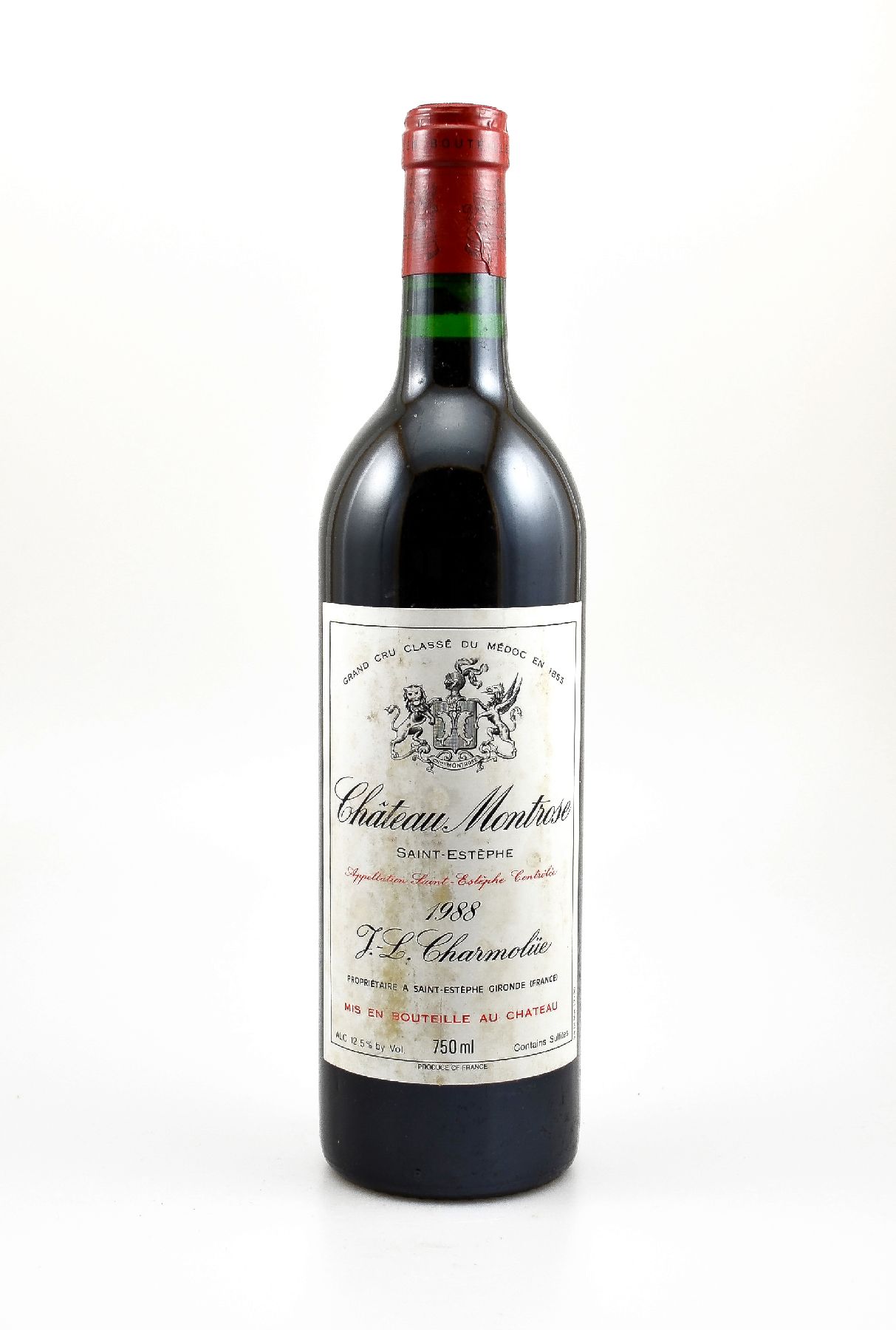 2 Flaschen 1988 Chateau Montrose, Saint-Estephe, Grand Cru Classe, je ca. 75 cl,12,5 % Vol., Füllstände: je into neck, Etiketten l. beschmutzt, ...