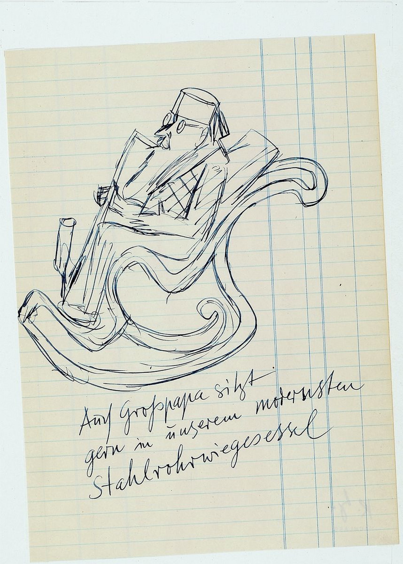 Karl Hubbuch, 1891-1979 Karlsruhe, Tuschezeichnung auf liniertem Papier: Auch Großpapa sitzt gern in unserem modernsten Stahlrohr-Wiege Sessel, ...
