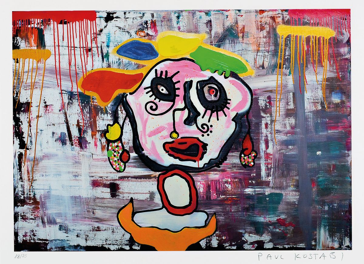 Paul Kostabi, geb. 1962, Farbsiebdruck, handsigniert, num. 18/75, ca. 34.5x48cm, PP, u.Gl., R. ca. 55x76cm