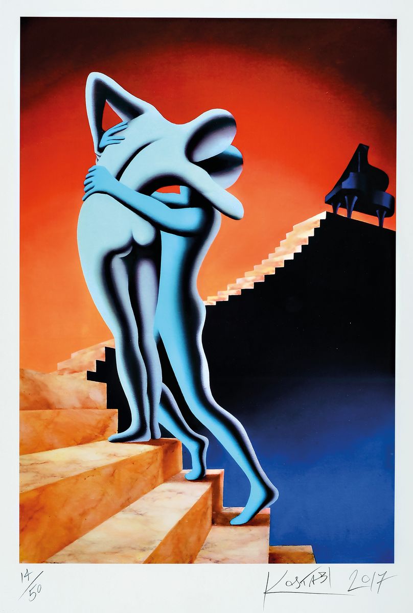 Mark Kostabi, geb. 1960, Farbsiebdruck, handsigniert, num. 14/50, datiert 2017, ca. 49x34cm, PP, u.Gl., R. ca. 76x55cm