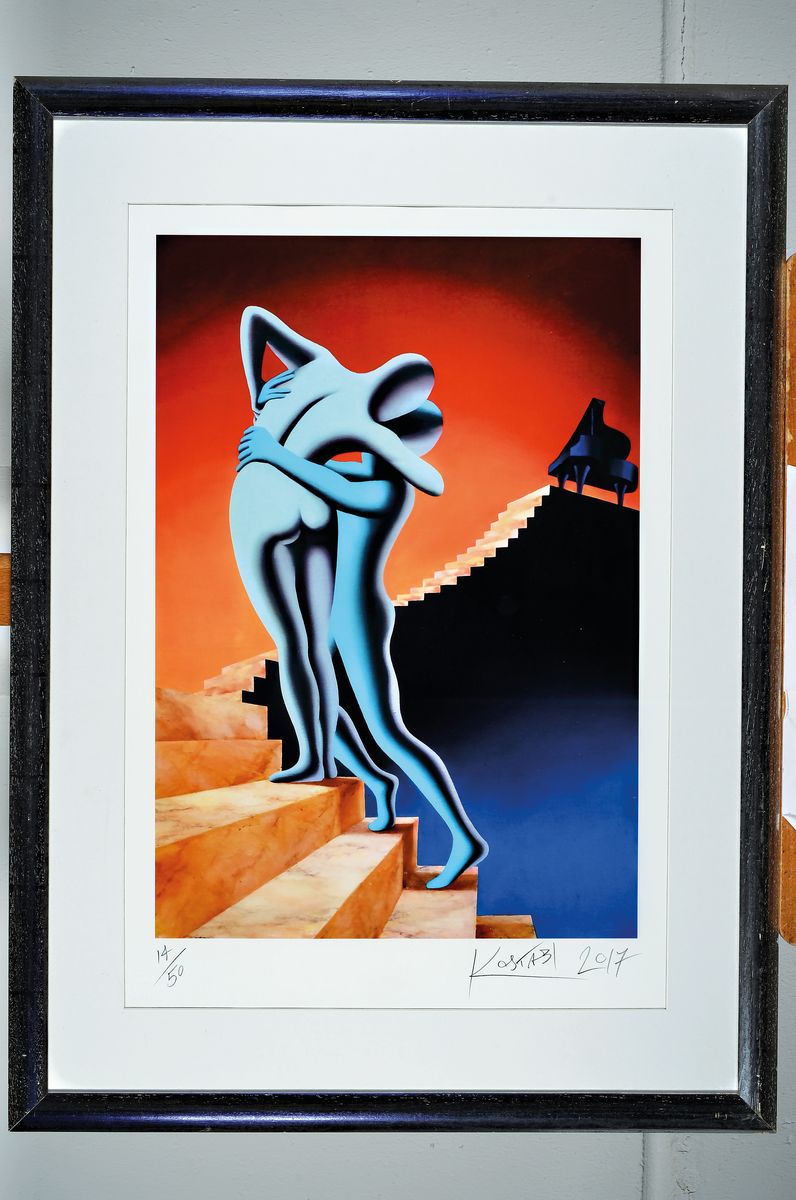 Detail k: Mark Kostabi, geb. 1960, Farbsiebdruck, handsigniert, num. 14/50, datiert 2017, ca. 49x34cm, PP, u.Gl., R. ca. 76x55cm