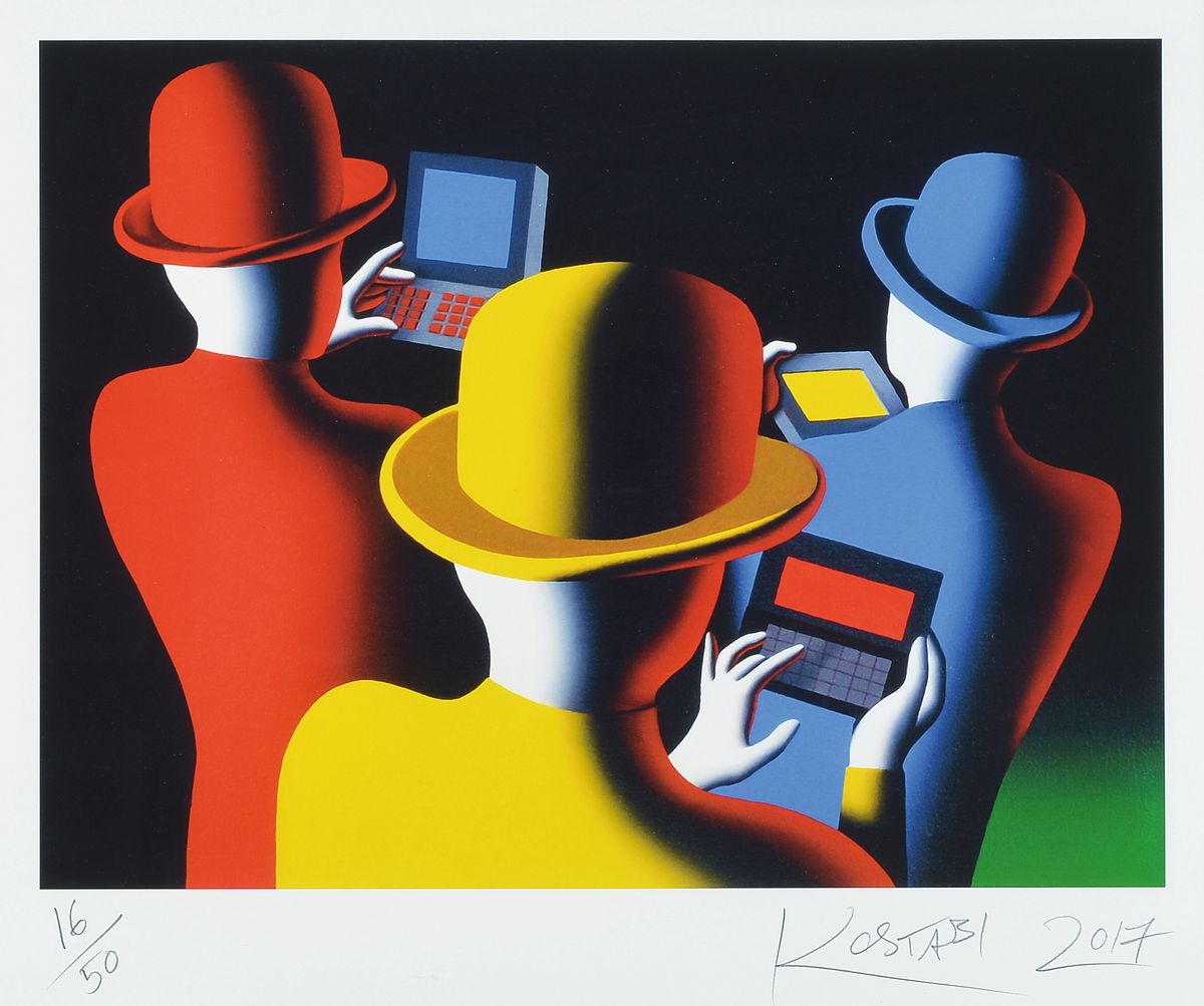 Mark Kostabi, geb. 1960, Farbsiebdruck, handsigniert, num. 16/50, datiert 2017, ca. 34x45cm, PP, u.Gl., R. ca. 66x71cm