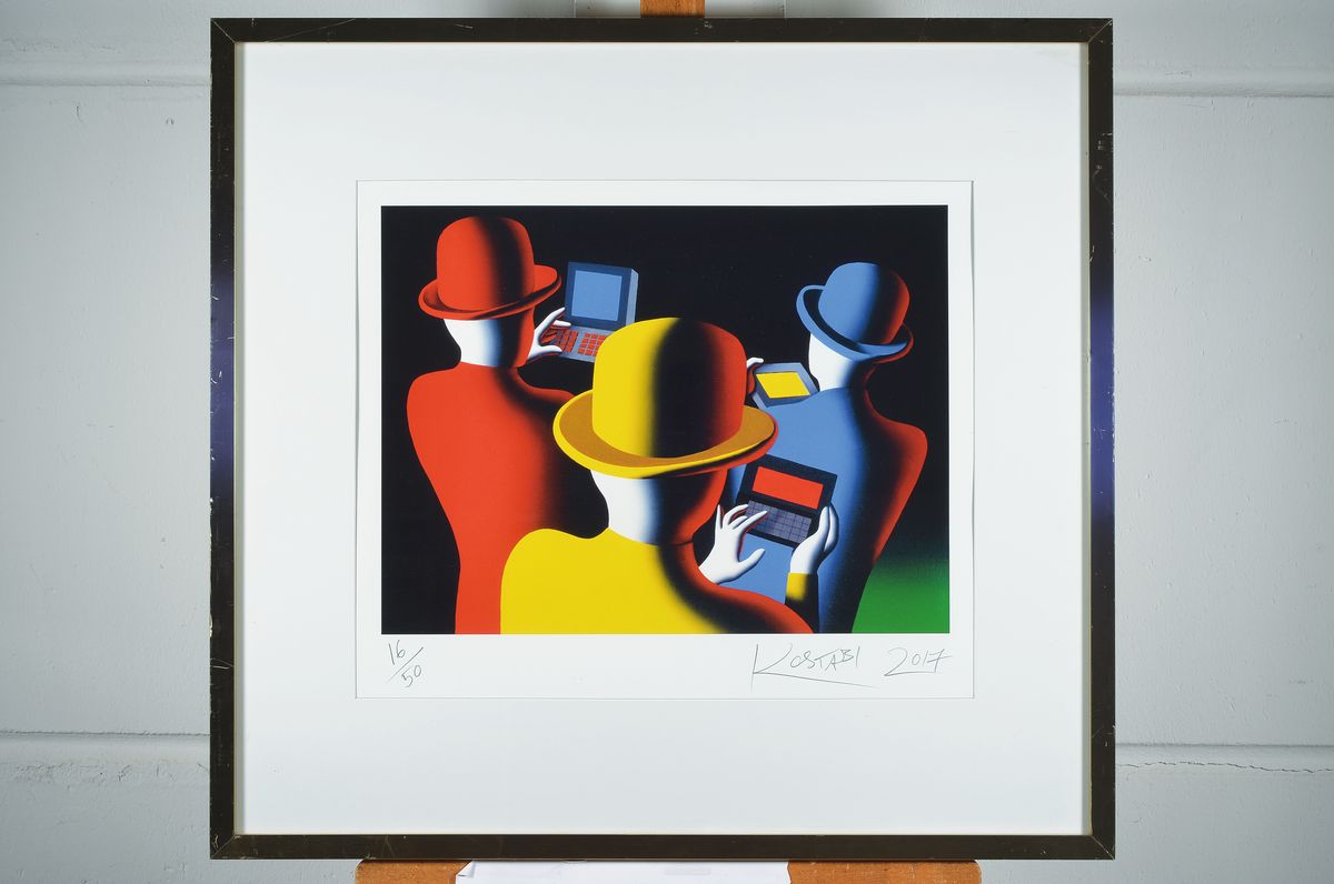 Detail k: Mark Kostabi, geb. 1960, Farbsiebdruck, handsigniert, num. 16/50, datiert 2017, ca. 34x45cm, PP, u.Gl., R. ca. 66x71cm