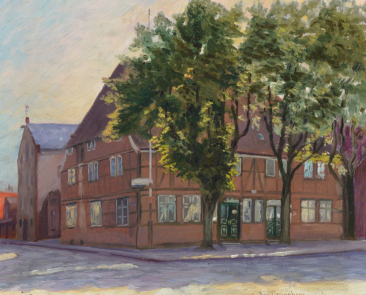 Ewald Oesinghaus, 1890-1963 Neumünster, Straße in Neumünster, Öl/Malkarton, rechts unten signiert, ca. 32x40cm/42x50cm, R.