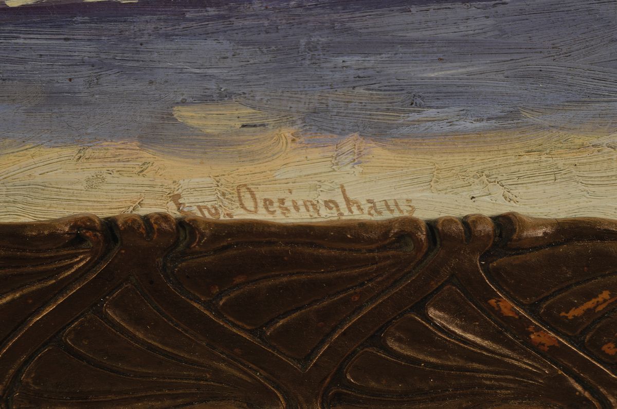 Detail a: Ewald Oesinghaus, 1890-1963 Neumünster, Straße in Neumünster, Öl/Malkarton, rechts unten signiert, ca. 32x40cm/42x50cm, R.