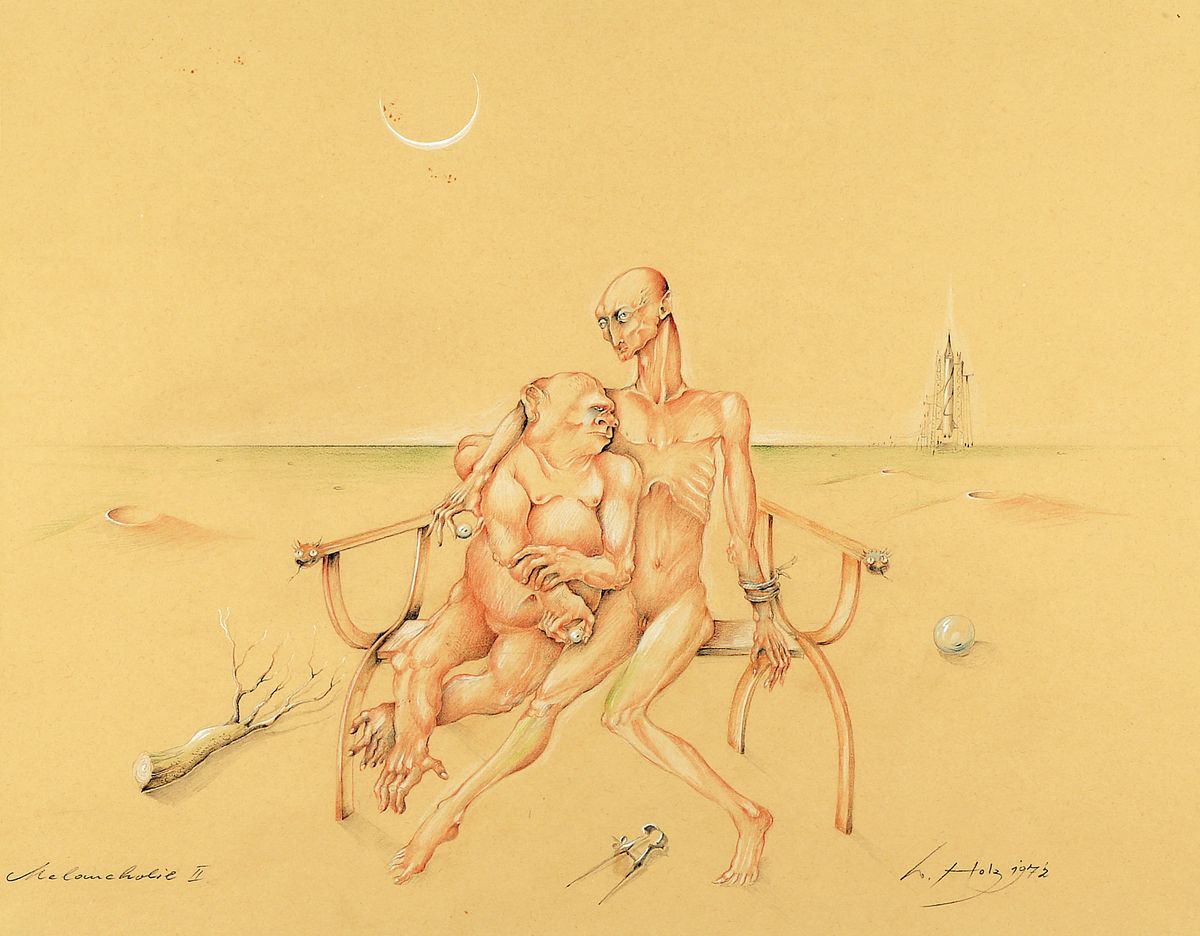 Werner Holz, 1948-1991, Melancholie II, Buntstiftzeichnung, rechts unten sign., dat. 1972, PP, unter Glas gerahmt, gesamt ca. 69x78 cm