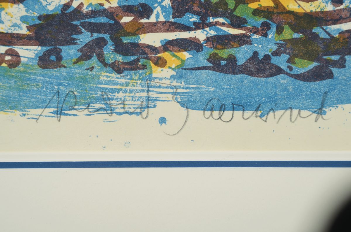 Detail a: Rudi Baerwind, 1910-1982 Mannheim, Jura, Farbholzschnitt von 1976, betitelt, dat. handsign., num. 2/50, u. Glas, ca. 70x82 cm
