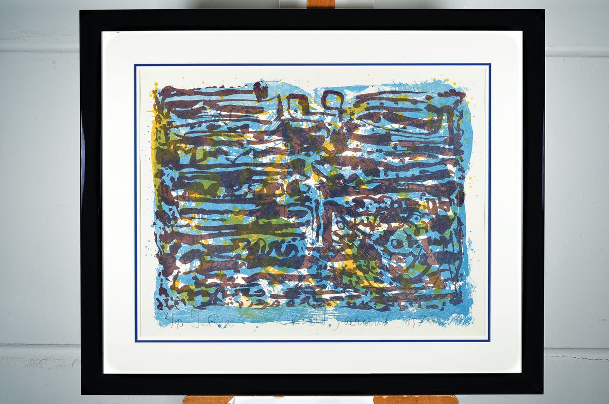 Detail k: Rudi Baerwind, 1910-1982 Mannheim, Jura, Farbholzschnitt von 1976, betitelt, dat. handsign., num. 2/50, u. Glas, ca. 70x82 cm