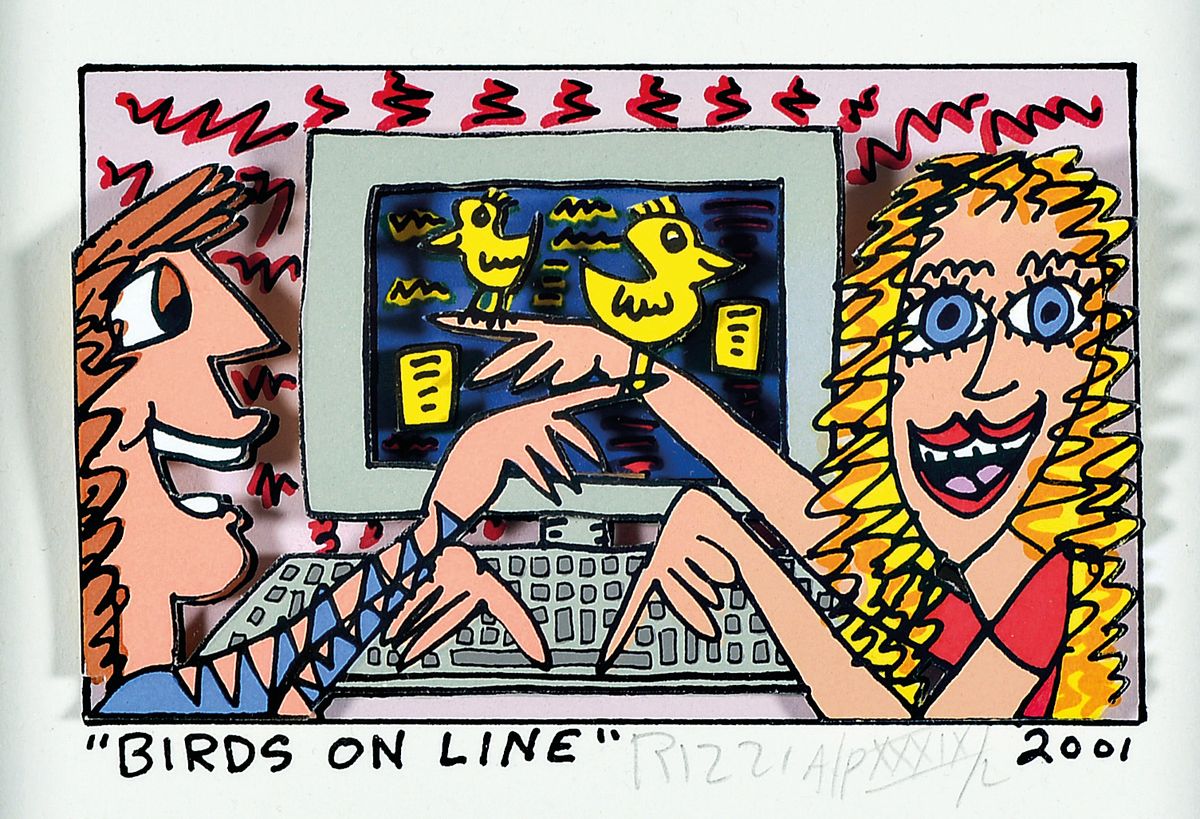 James Rizzi, 1950-2011, "Birds on Line", 3D-Konstruktion, handsign., dat. 2001, num. A/PXXXIX/L, unter Glas gerahmt, Motiv ca. 7,5x12 cm, ...