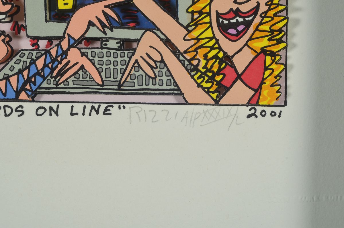 Detail a: James Rizzi, 1950-2011, "Birds on Line", 3D-Konstruktion, handsign., dat. 2001, num. A/PXXXIX/L, unter Glas gerahmt, Motiv ca. 7,5x12 cm, ...