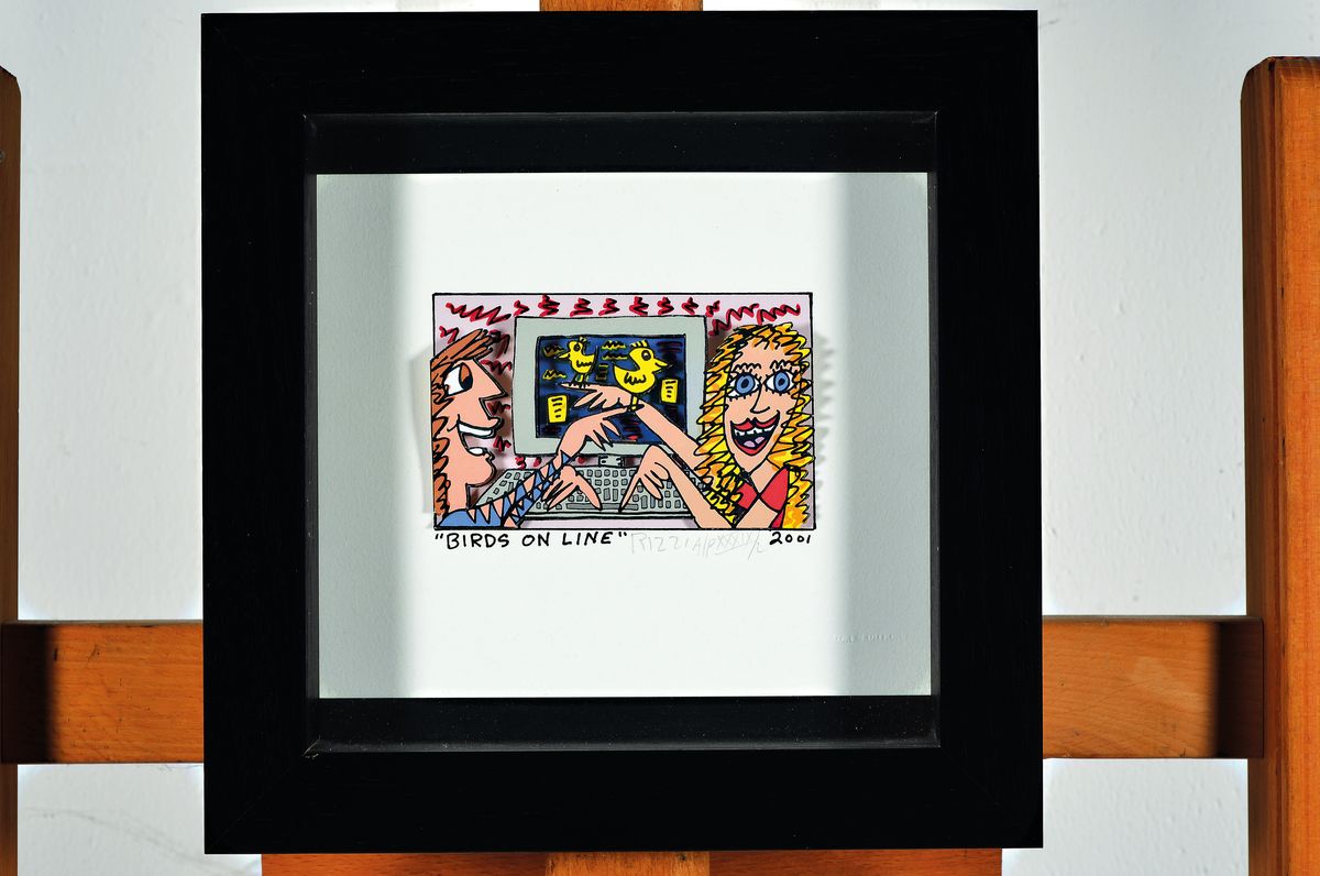 Detail k: James Rizzi, 1950-2011, "Birds on Line", 3D-Konstruktion, handsign., dat. 2001, num. A/PXXXIX/L, unter Glas gerahmt, Motiv ca. 7,5x12 cm, ...