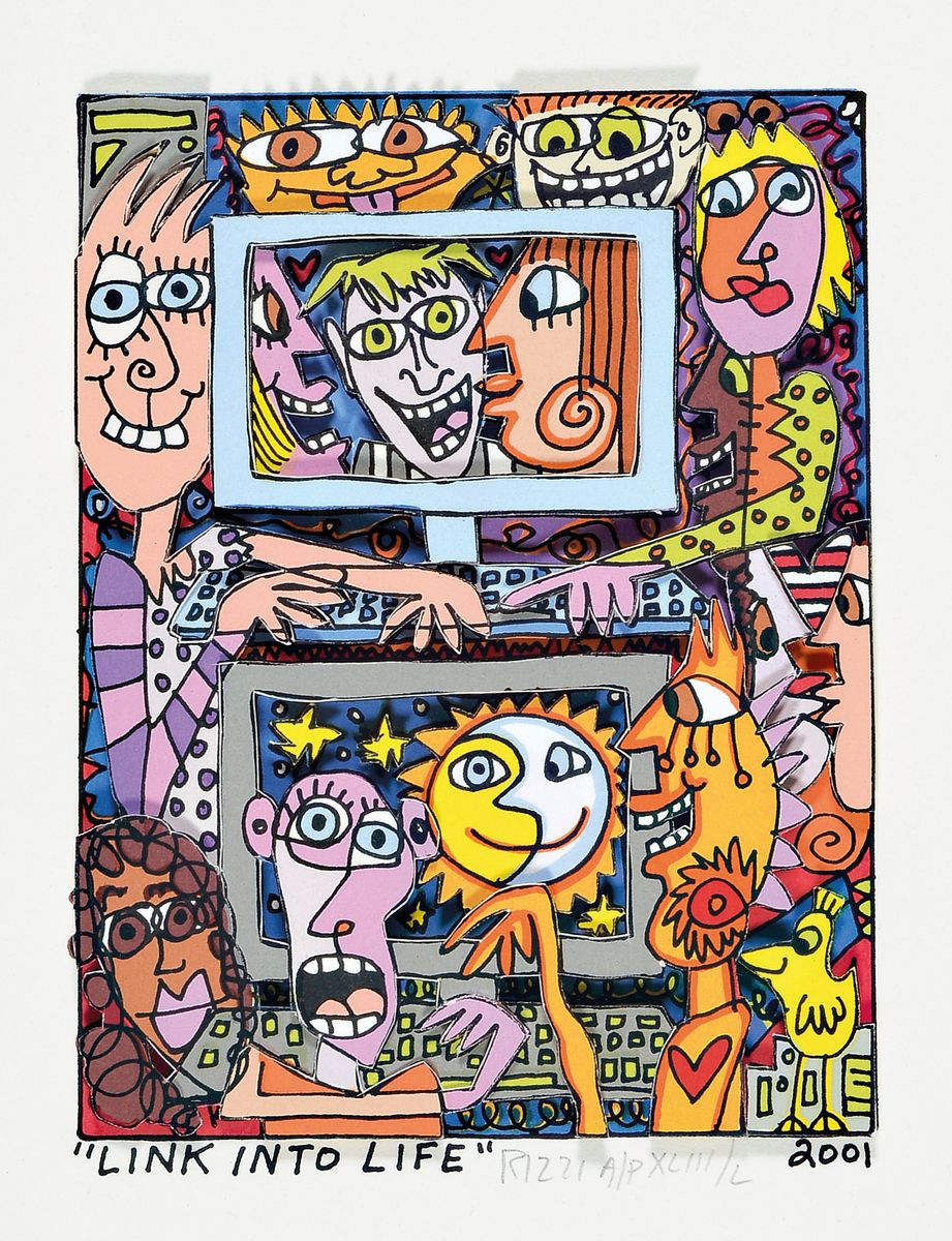 James Rizzi, 1950-2011, "Link into Life", 3D-Konstruktion, handsign., dat. 2001, num. A/P XLIII/L, unter Glas gerahmt, motiv ca. 15,5x12 ...