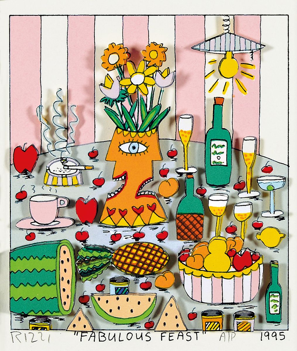 James Rizzi, 1950-2011, "Fabulous Feast", 3D-Konstruktion, handsign., num. A/P, dat. 1995, unter Glas gerahmt, Motiv ca. 14x12 cm, gesamt ...