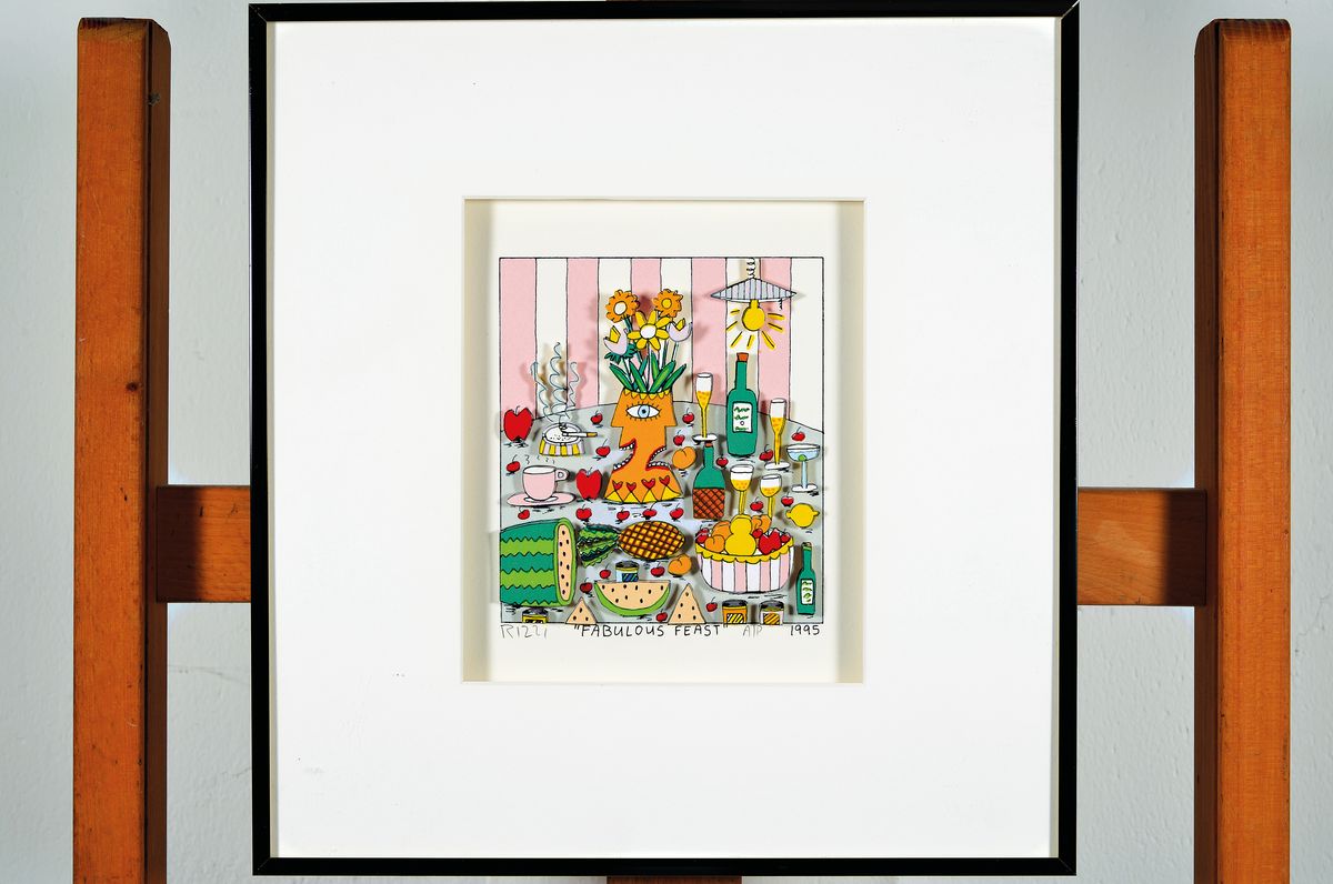 Detail k: James Rizzi, 1950-2011, "Fabulous Feast", 3D-Konstruktion, handsign., num. A/P, dat. 1995, unter Glas gerahmt, Motiv ca. 14x12 cm, gesamt ...