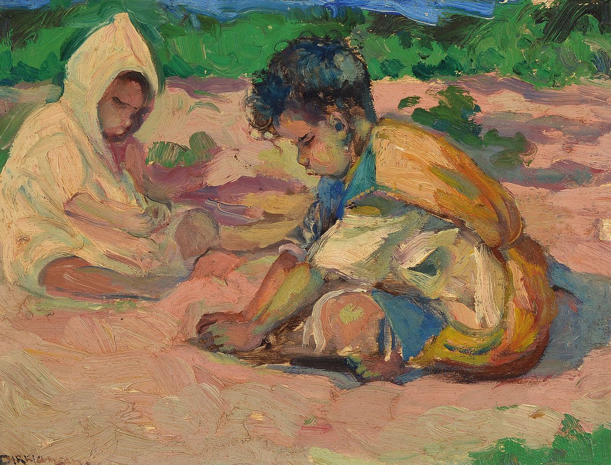 Dirk Jansen, 1878 Den Haag-1952 Marokko, spielende Berberjungen, Öl/Holz, links unten signiert, ca. 30x40cm/45x55 cm, R.