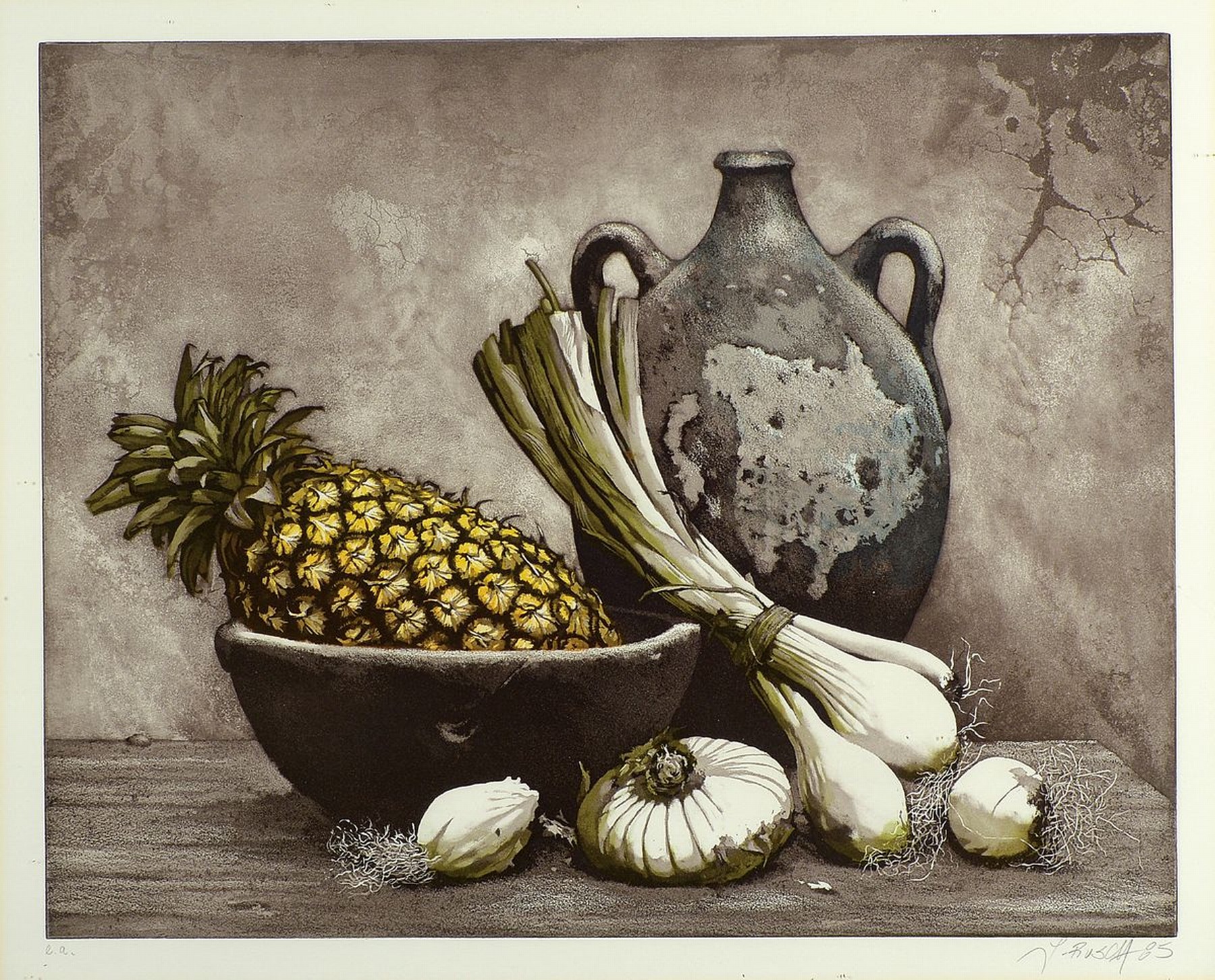 Werner Brand, Lithographie, e.a 1965, Früchte-Stillleben, unter Glas gerahmt, ca. 40x49, R. 62x83 cm
