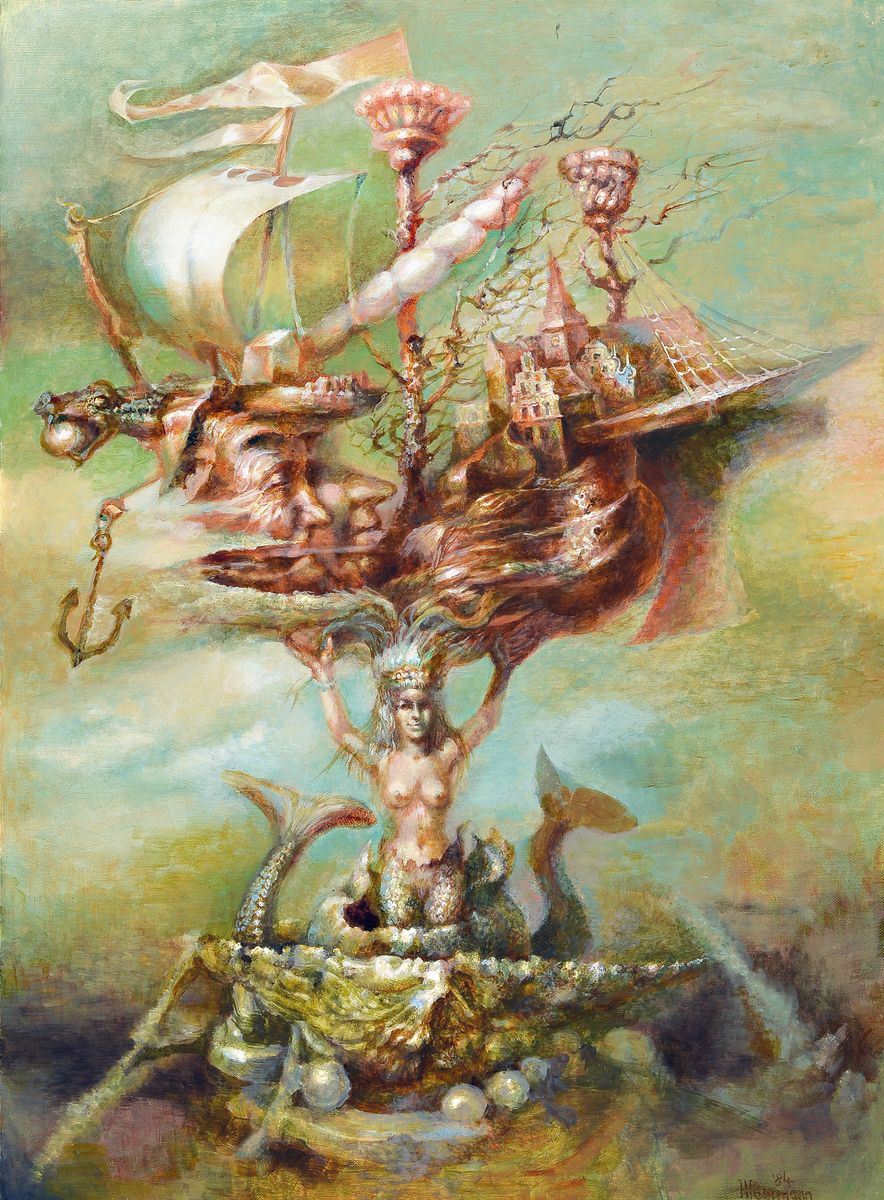 Hermann Hoormann, geb. 1933, Vertreter des phantastischen Realismus, Titel: Narrenschiff,Stelt National/International aus, hier: Schiff zusammen ...