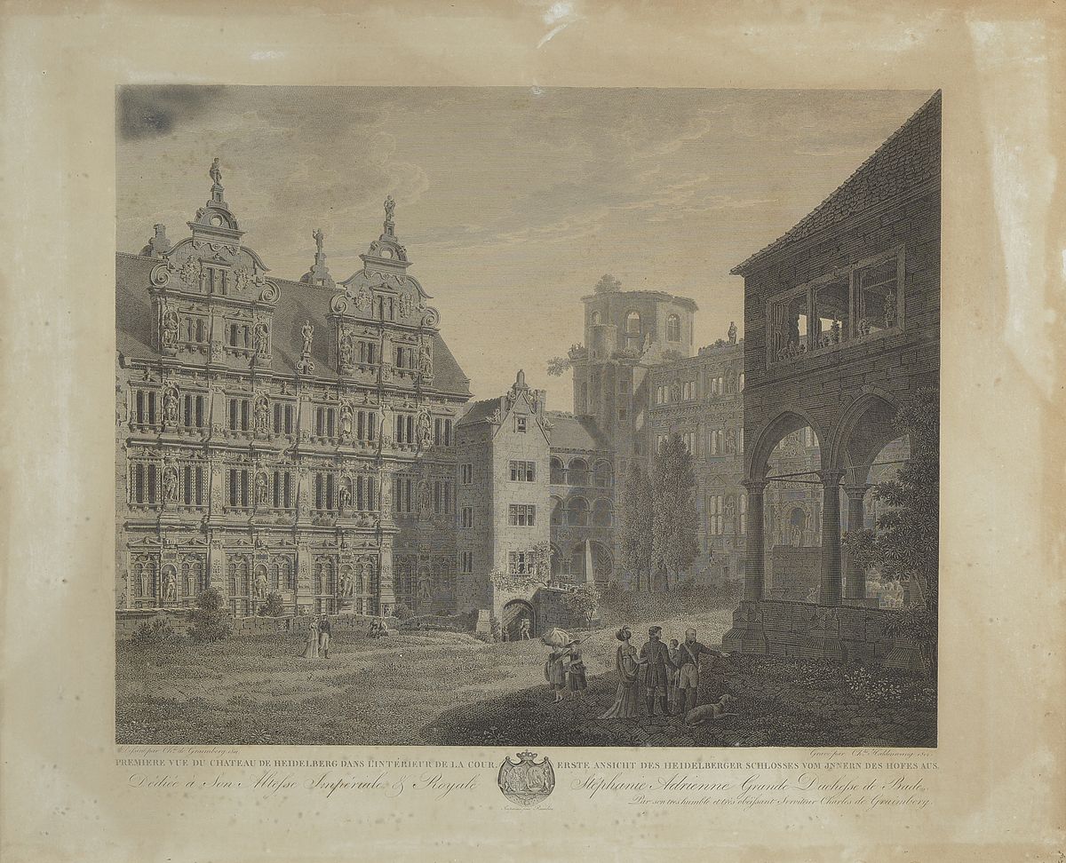 Kupferstich, Entwurf: Grainberg 1811, Fantasievolle Zusammenstellung, Schlossberg in Heidelberg, Gebrauchspuren bzw.gebräunt, ca. 53x65, R. 66x79 cm ...