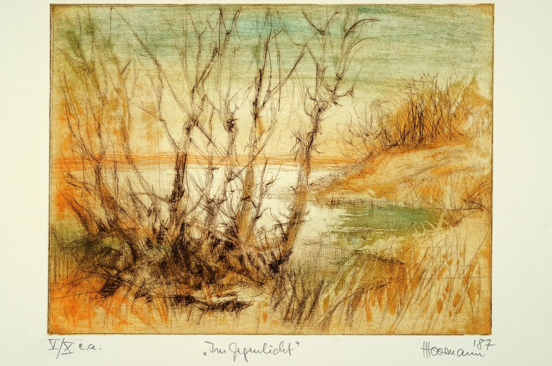 Hermann Hoormann, geb. 1933, Vertreter des phantastischen Realismus, Acht mehrfarbige Radierungen, Italienische Flusslandschaft, Windiger Tag, ...