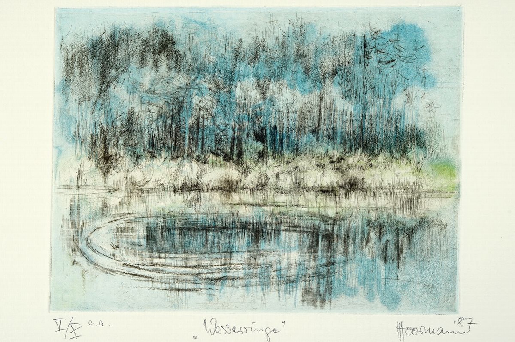 Detail a: Hermann Hoormann, geb. 1933, Vertreter des phantastischen Realismus, Acht mehrfarbige Radierungen, Italienische Flusslandschaft, Windiger Tag, ...