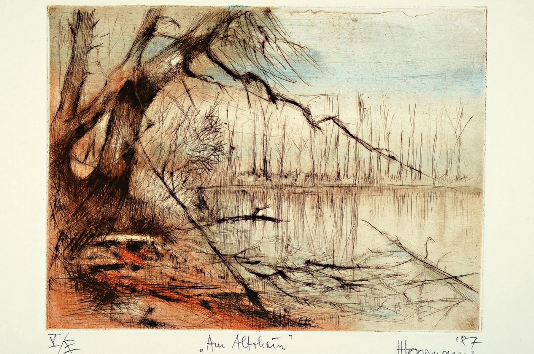 Detail b: Hermann Hoormann, geb. 1933, Vertreter des phantastischen Realismus, Acht mehrfarbige Radierungen, Italienische Flusslandschaft, Windiger Tag, ...