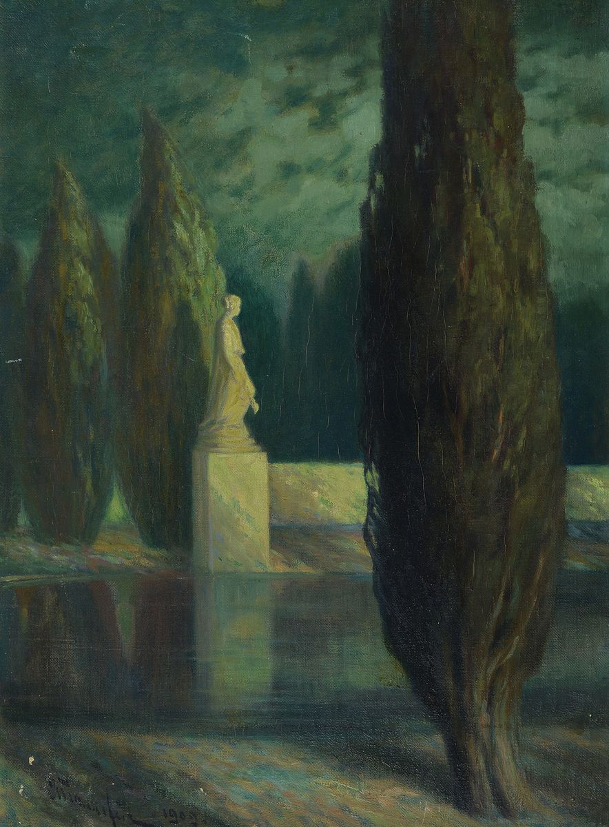 J. A. Stankovich, datiert 1909, Statue im Park, Öl/Lwd, links unten signiert und dat., rückseitig kyrillisch Name, ca. 74x54cm, R.