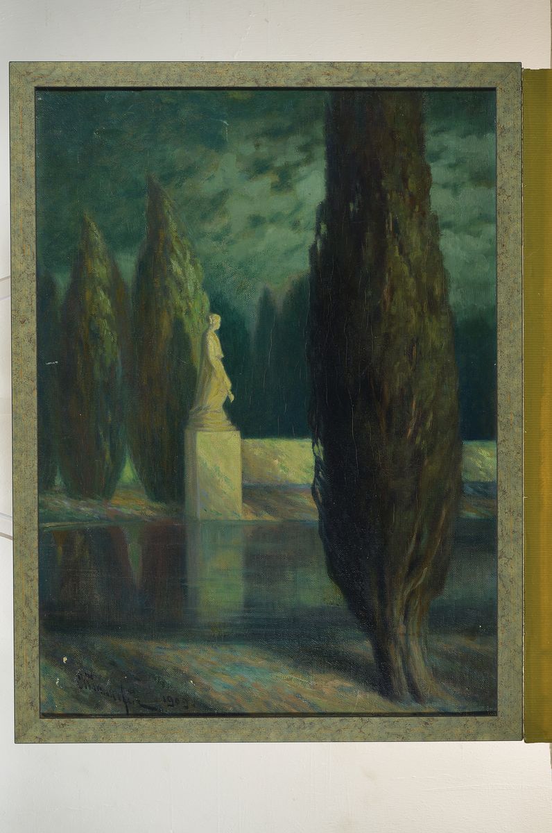 Detail k: J. A. Stankovich, datiert 1909, Statue im Park, Öl/Lwd, links unten signiert und dat., rückseitig kyrillisch Name, ca. 74x54cm, R.