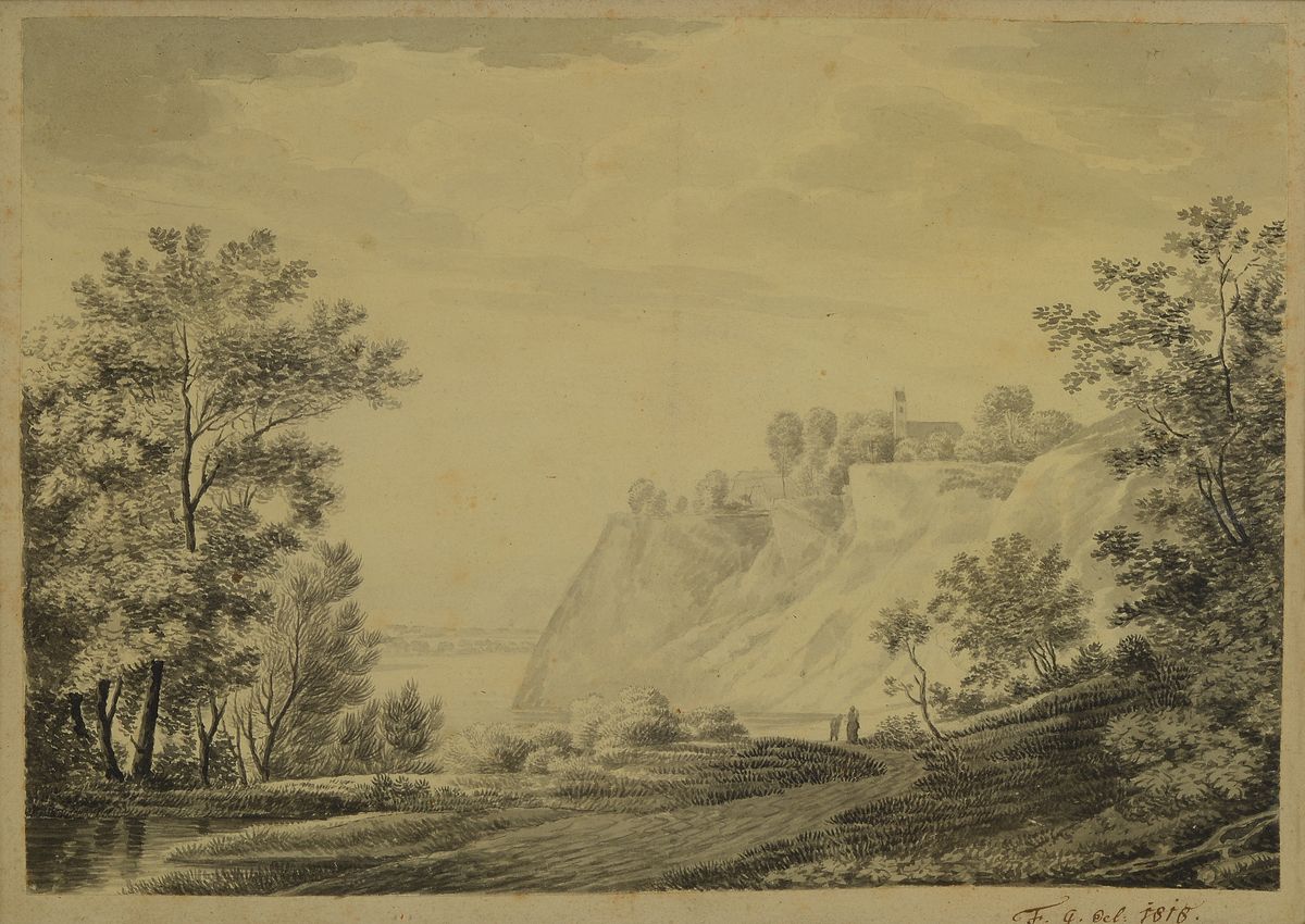 Zuschreibung: Friedrich von Gärtner, 1791 Koblenz - 1847 München, Tuschezeichnung, Landschaftsdarstellung am See, unter Glas, Rahmen, Zeichnung auf ...
