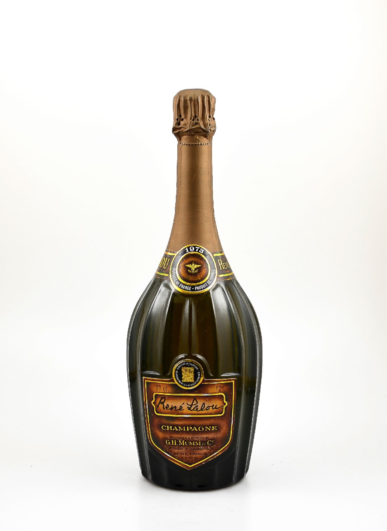 1 Flasche 1973 G.H. Mumm & Co. Champagner Rene Lalou, Champagne, Reims, ca. 77 cl, 12 % Vol., Abstand zwischen Flaschenboden und Champagner: ca. 1,5 ...