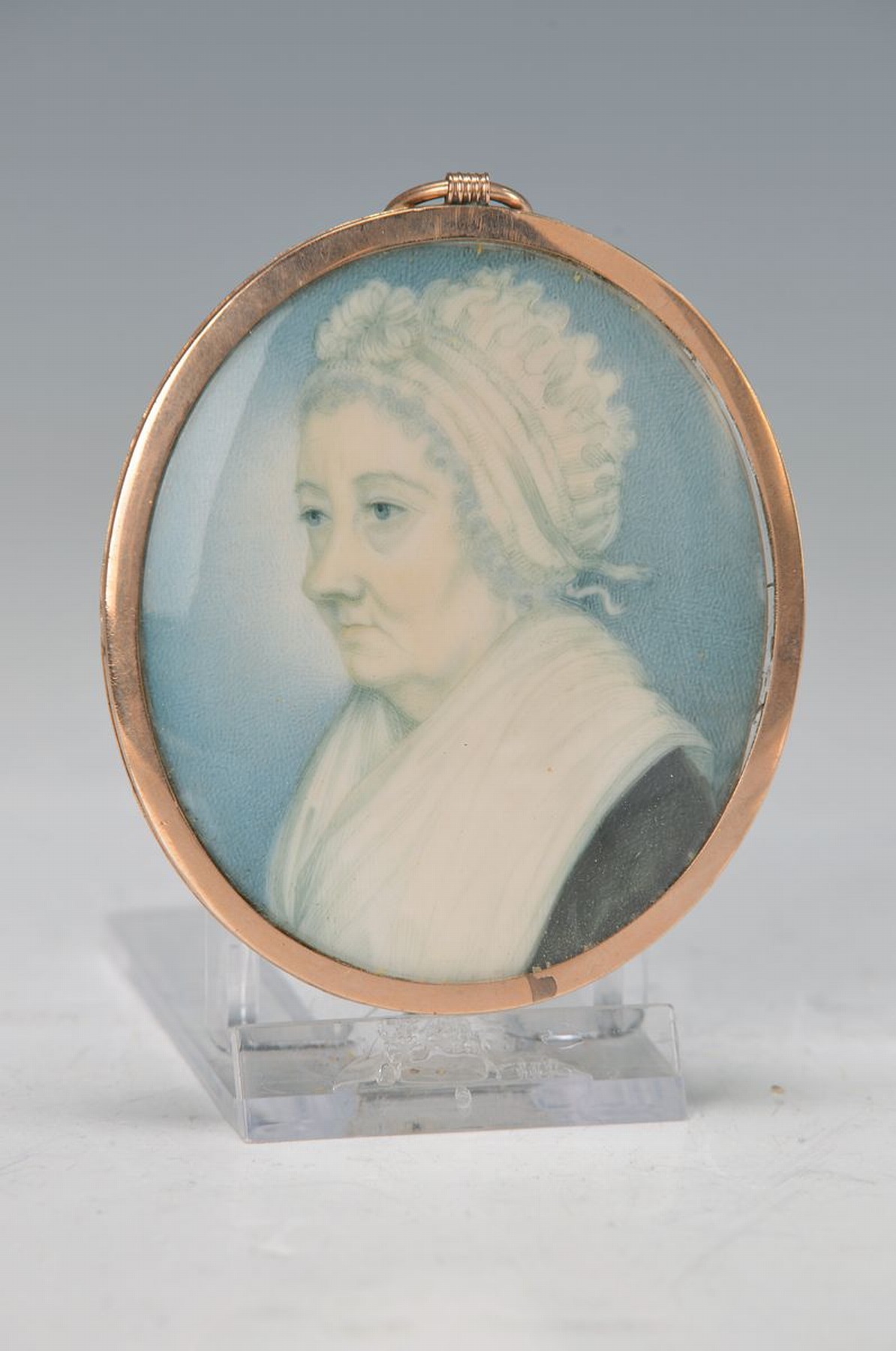 Miniaturmalerei in Goldrahmen, London um 1780, Dame mit weißer Haube, Umkreis John Barry, 1784-1827, feine Malerei auf Elfenbein, exzellentes ...