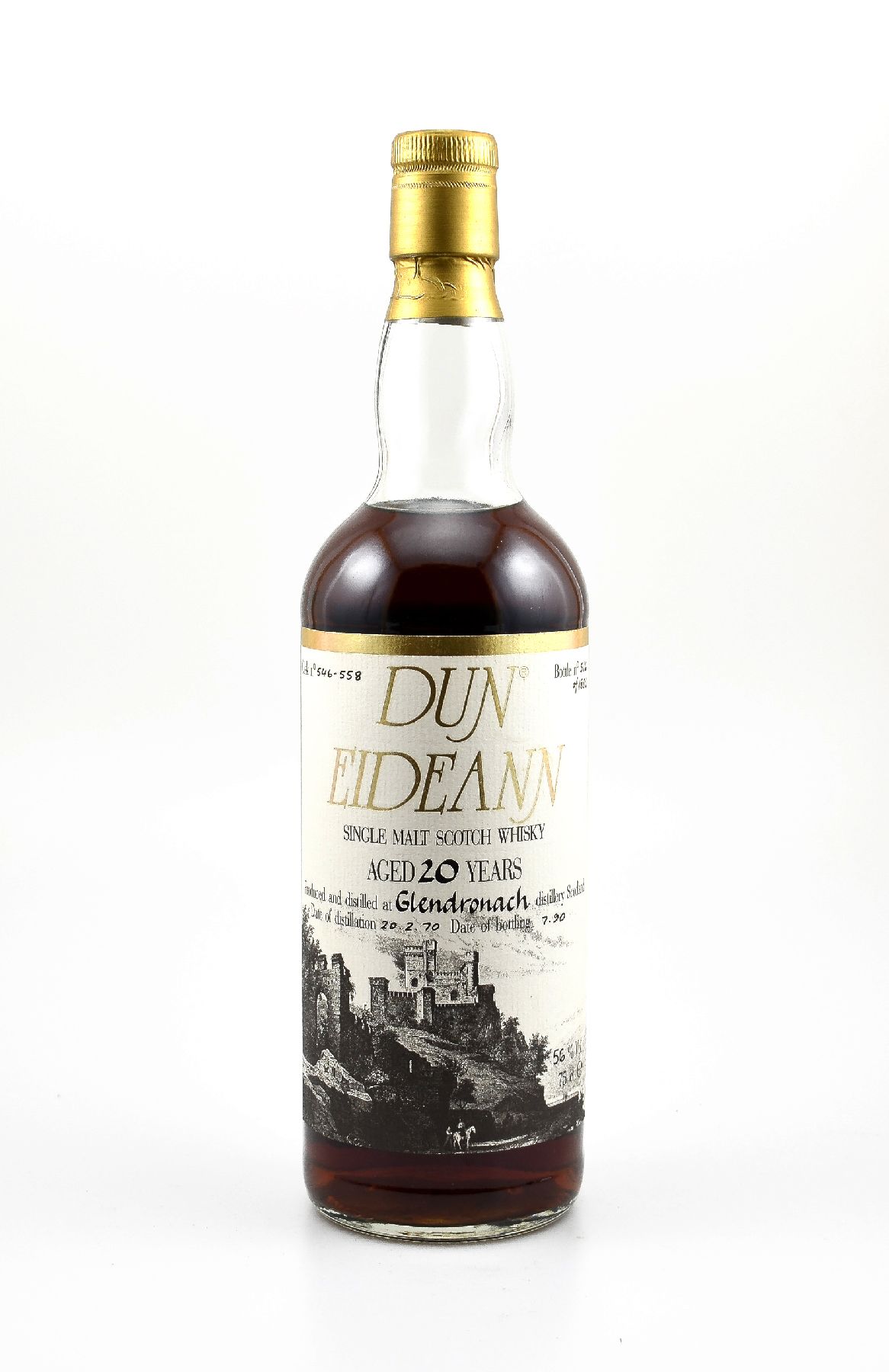 1 Flasche 1970 Dun Eideann Single Malt Scotch Whisky, distilled at Glendronach Distillery, ca. 75 cl, 56 % Vol., 20 Years Old, im Jahr 1990 ...