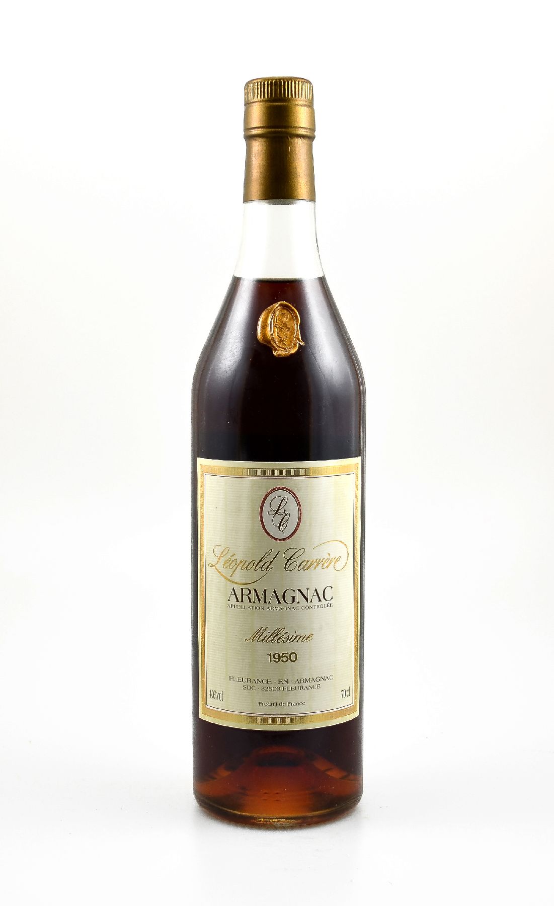 1 Flasche 1950 Armagnac Leopold Carrere, ca. 70 cl, 40 % Vol., hervorragender Erhaltungszustand, unverkostet, in Holzbox