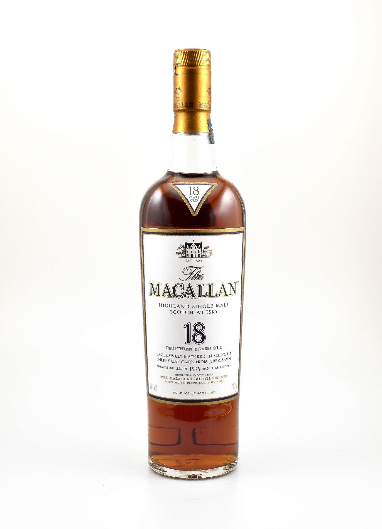 1 Flasche 1996 The Macallan 18 Years Old Highland Malt Scotch Whisky, ca. 70 cl, 43 % Vol., hervorragender Erhaltungszustand, unverkostet, im orig. ...