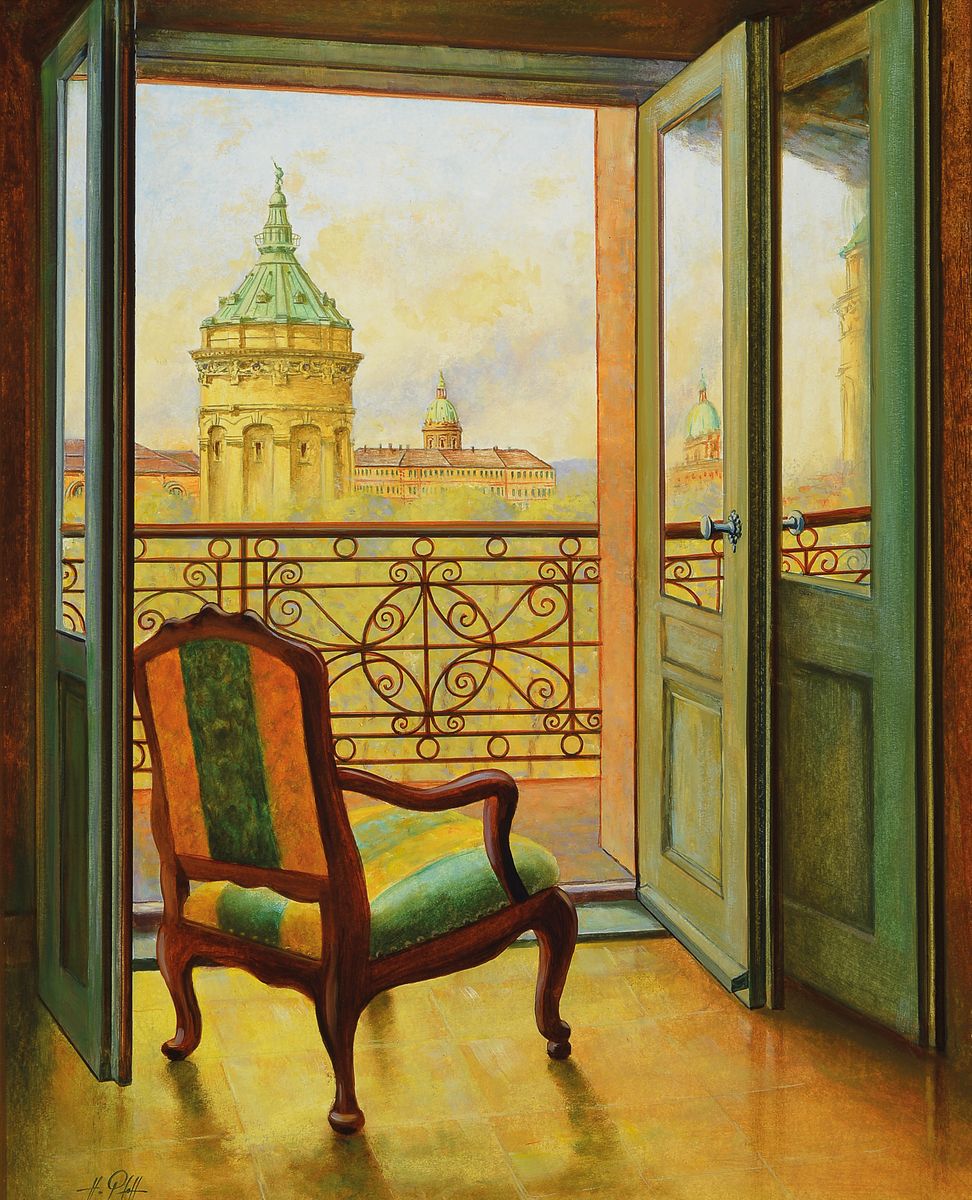 Hans Pfaff, 1939-2019, Blick aus dem Fenster auf den Mannheimer Wasserturm, Gouache auf Malkarton, links unten signiert, ca. 72x58cm/ 85x70cm, R.