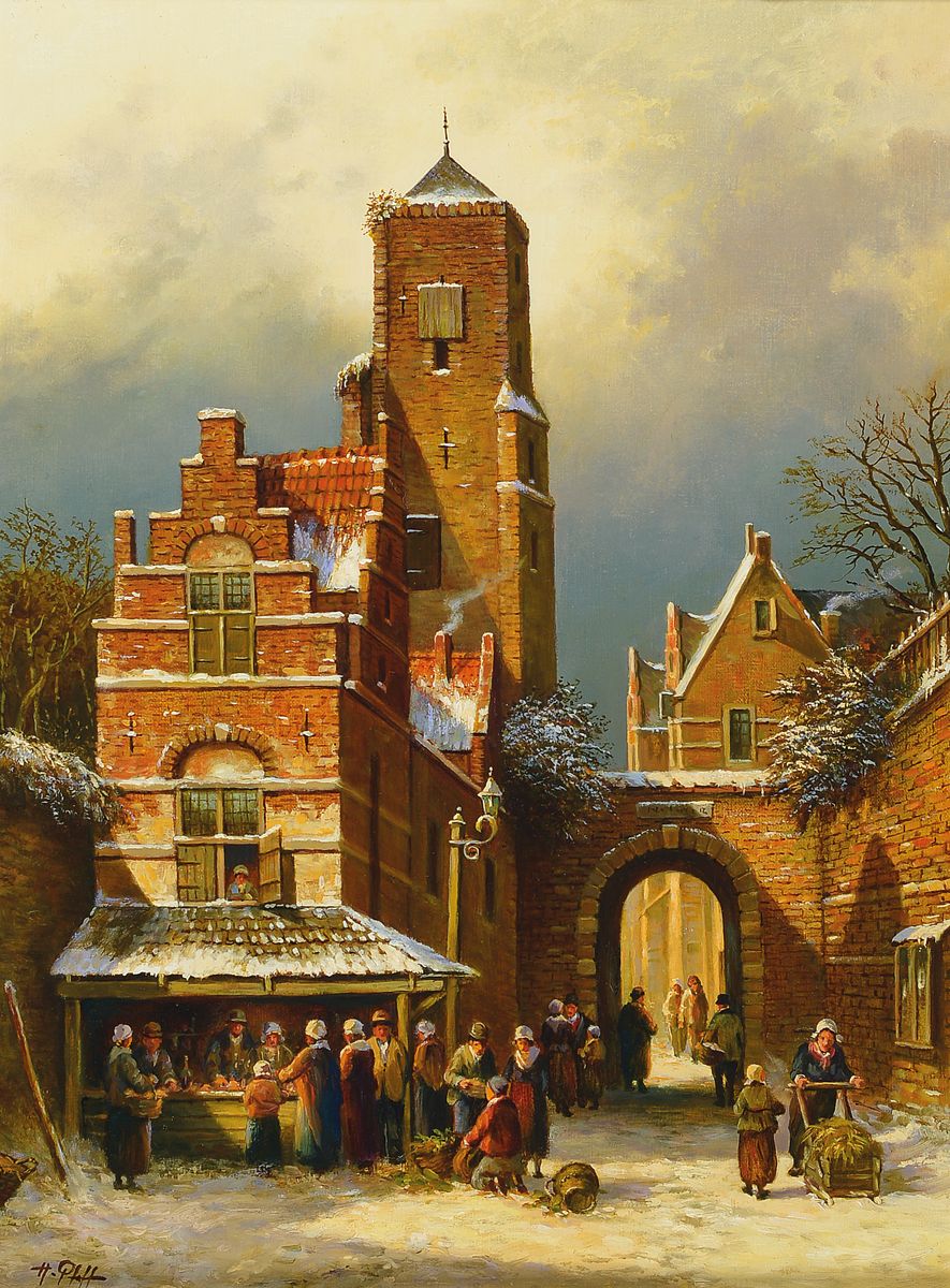 Hans Pfaff, 1939-2019, Reges Treiben vor dem Stadttor im Winter, Öl/Lwd, links unten signiert, ca. 40x30cm/56x46cm, R.