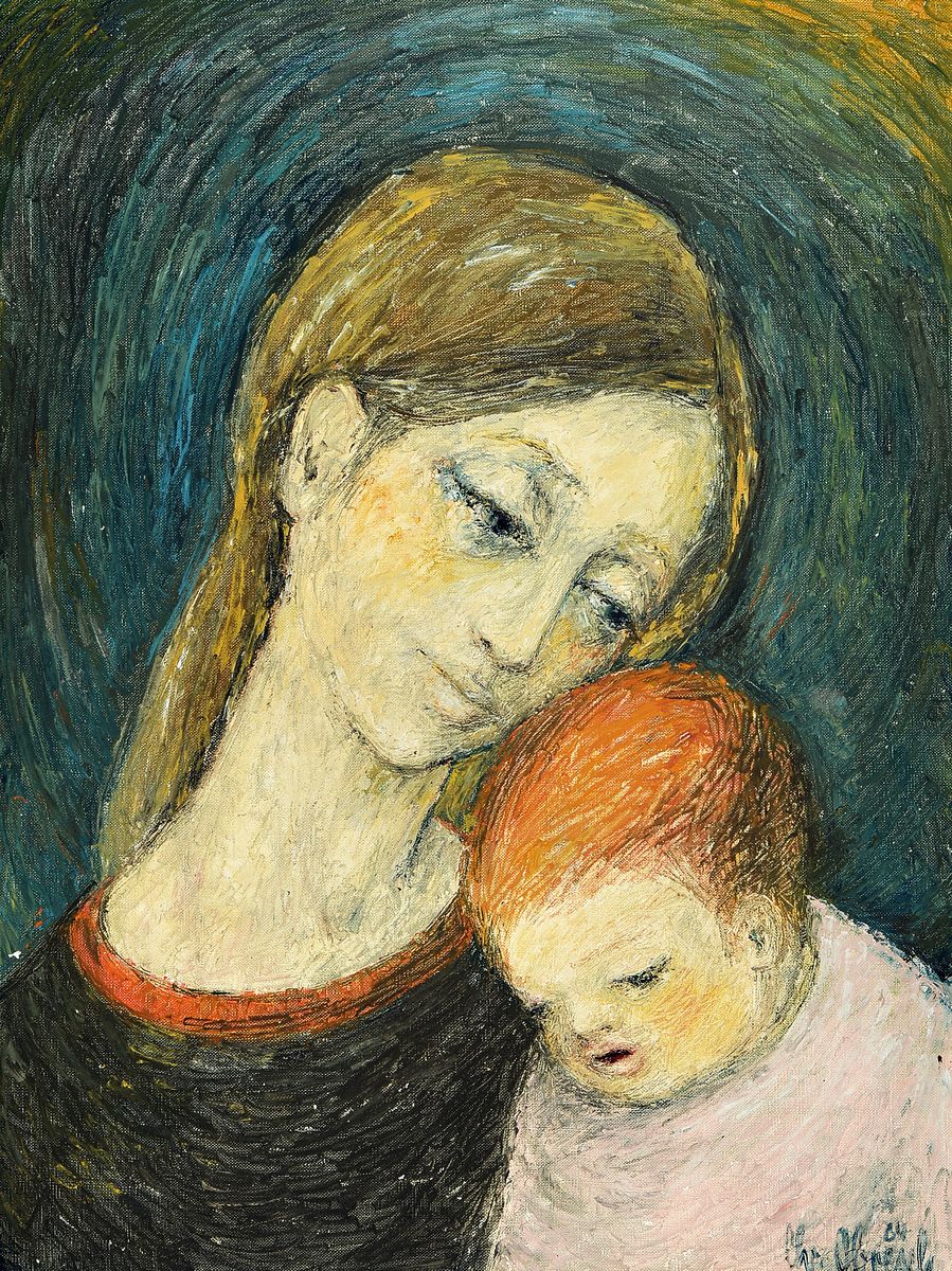 Christel Abresch, 1931 Sulzbach-2011, lebte und arbeitete in Neustadt/Weinstr., Mutter mit Kind, Öl/Lwd, keinere Farbschäden, rechts unten ...