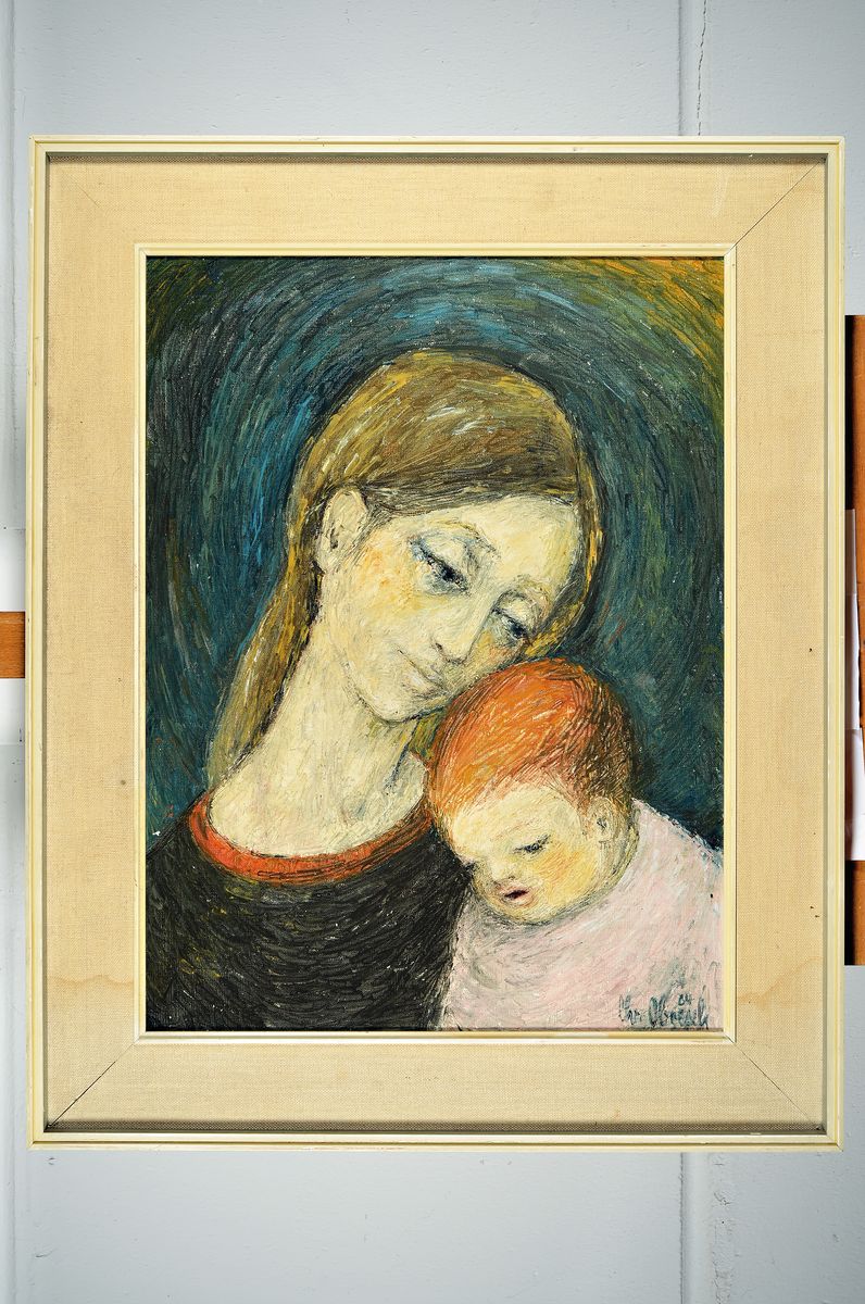 Detail k: Christel Abresch, 1931 Sulzbach-2011, lebte und arbeitete in Neustadt/Weinstr., Mutter mit Kind, Öl/Lwd, keinere Farbschäden, rechts unten ...