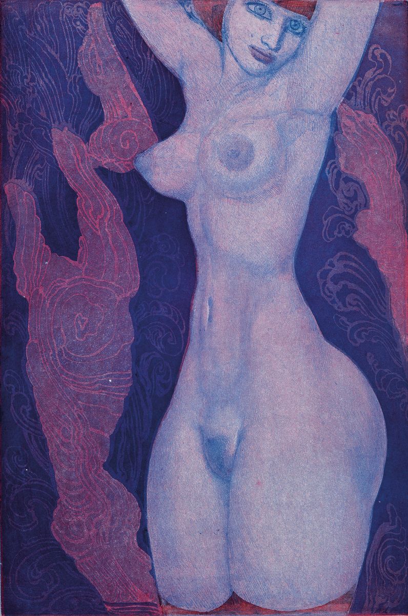 Detail a: Ernst Fuchs, 1930 Wien-2015, Die sieben Bilder und Sprüche der Sphinx, Mappe mit 7 Farbradierungen von 1967, Ed. Galerie Sydows Frankfurt, ...