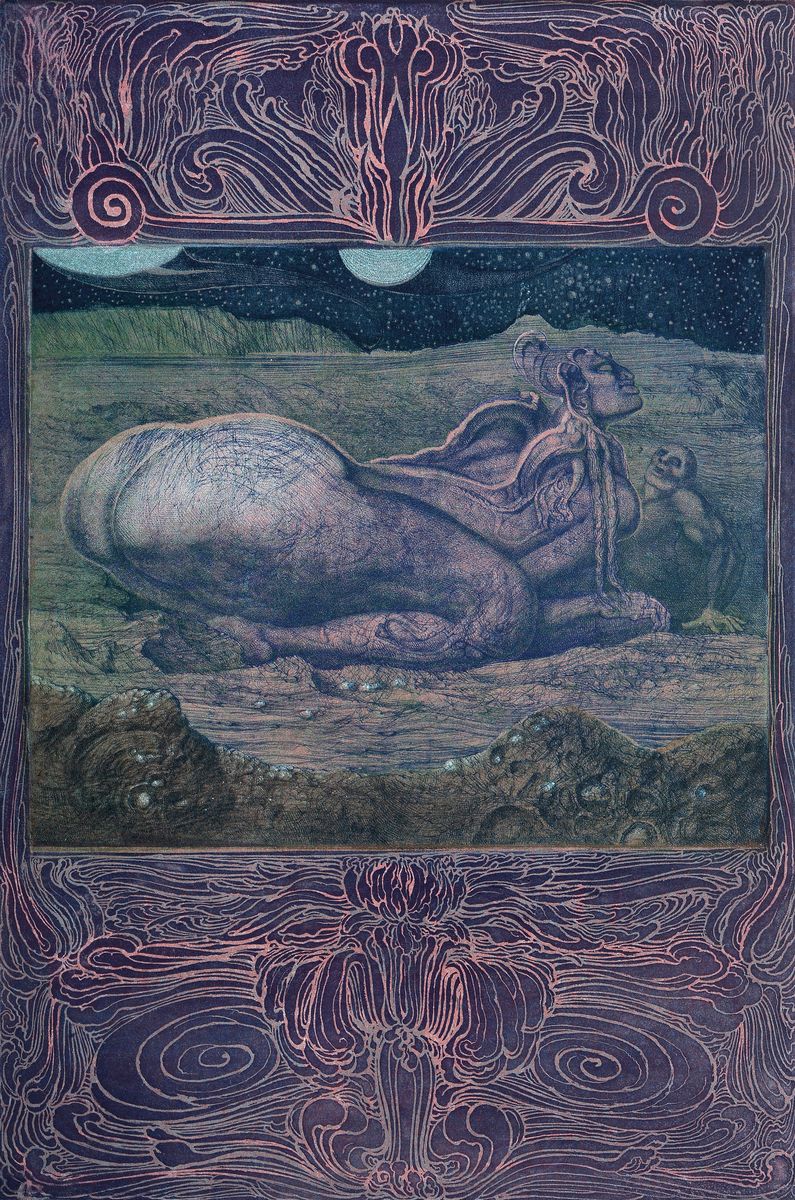 Detail b: Ernst Fuchs, 1930 Wien-2015, Die sieben Bilder und Sprüche der Sphinx, Mappe mit 7 Farbradierungen von 1967, Ed. Galerie Sydows Frankfurt, ...
