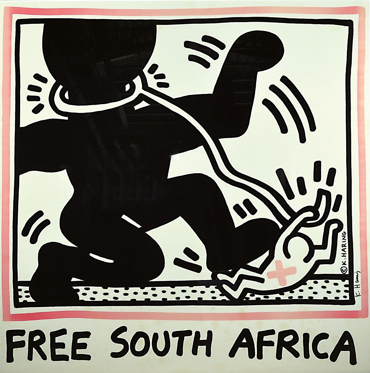 Keith Haring, 1958-1990, Free South Africa, Lithografie, handsigniert, unter Glas gerahmt,Blatt stark verblichen, Blattgrösse ca. ...