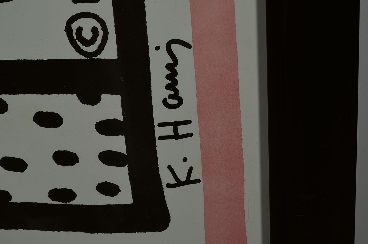 Detail a: Keith Haring, 1958-1990, Free South Africa, Lithografie, handsigniert, unter Glas gerahmt,Blatt stark verblichen, Blattgrösse ca. ...