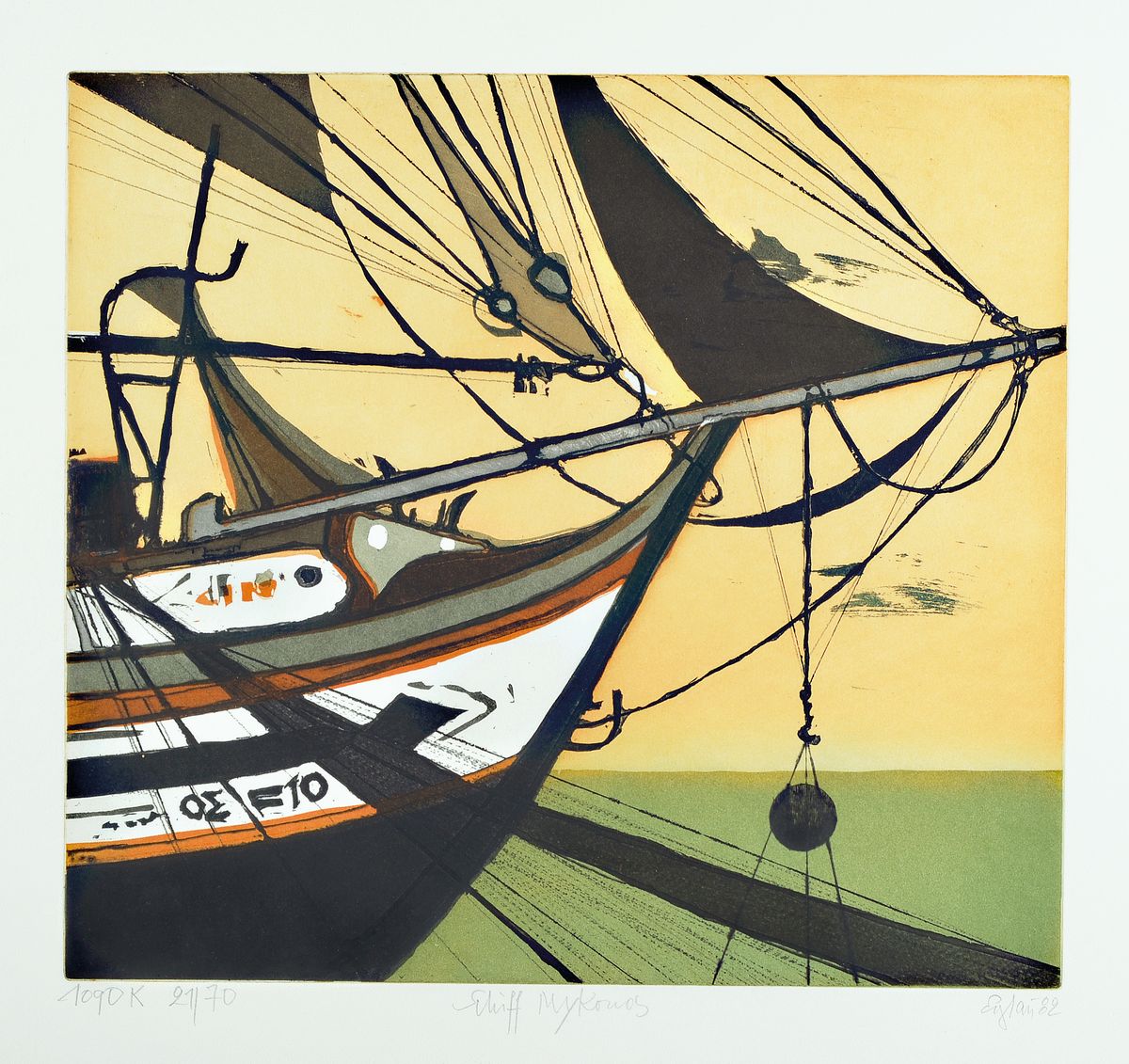Otto Eglau, 1917 Berlin - 1988 Kampen, Schiff Mykonos, Farbradierung, num. 1090 K 21/70, handsigniert und dat. 82, ca. 40 x 43 cm, unter Glas, Rahmen