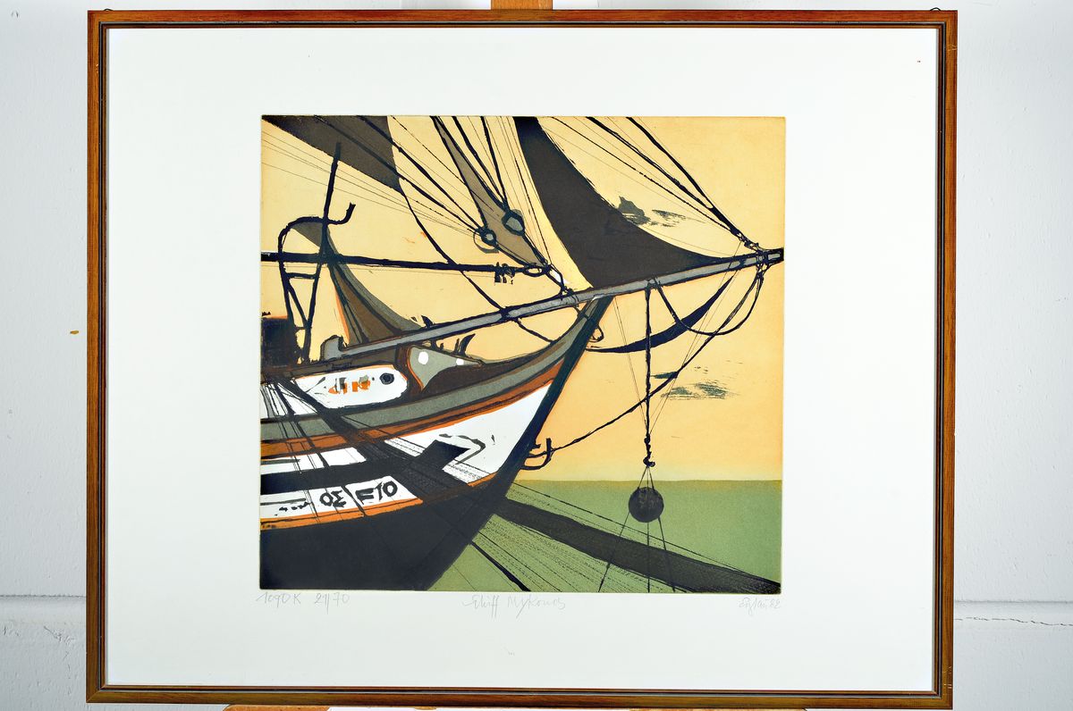 Detail k: Otto Eglau, 1917 Berlin - 1988 Kampen, Schiff Mykonos, Farbradierung, num. 1090 K 21/70, handsigniert und dat. 82, ca. 40 x 43 cm, unter Glas, Rahmen