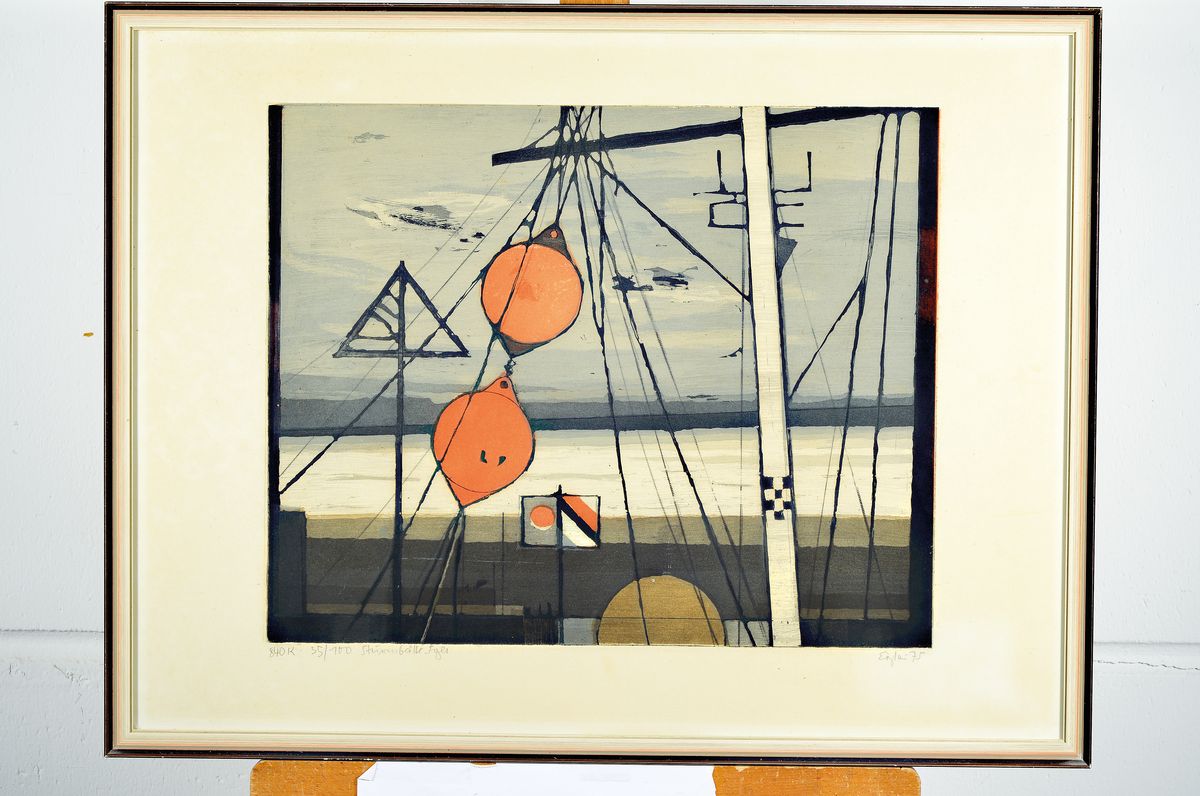 Detail k: Otto Eglau, 1917 Berlin - 1988 Kampen, Schiff Stumbälle Sylt, 1975, Farbradierung, 840 K 235/100, handsigniert, dat., ca. ca. 40 x 49cm, unter Glas, ...